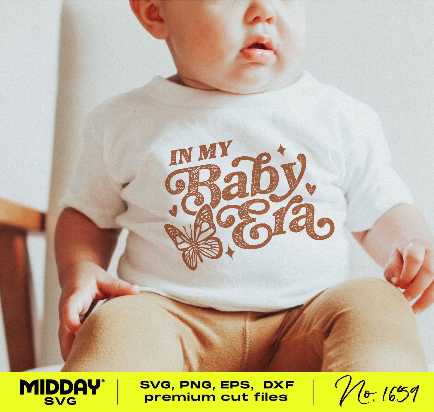 Baby wearing a white shirt with 'In My Baby Era' design, featuring playful butterfly and heart graphics.