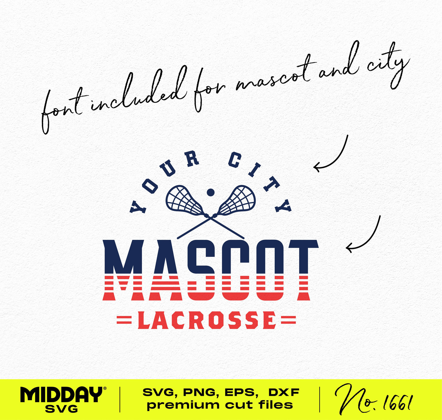 Lacrosse team SVG design with customizable mascot and city text in bold striped pattern.