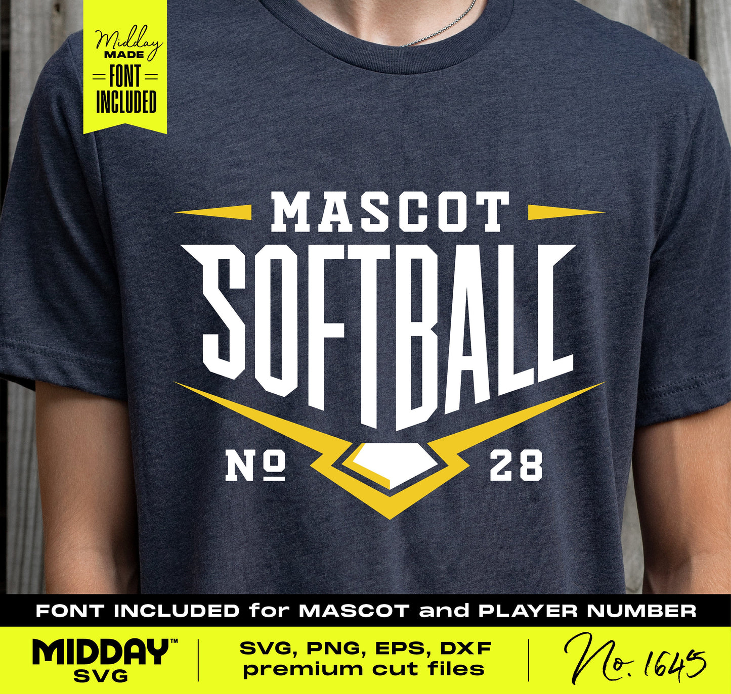 DIY customizable Softball Home Plate SVG with custom mascot and player number font displayed on a t-shirt.