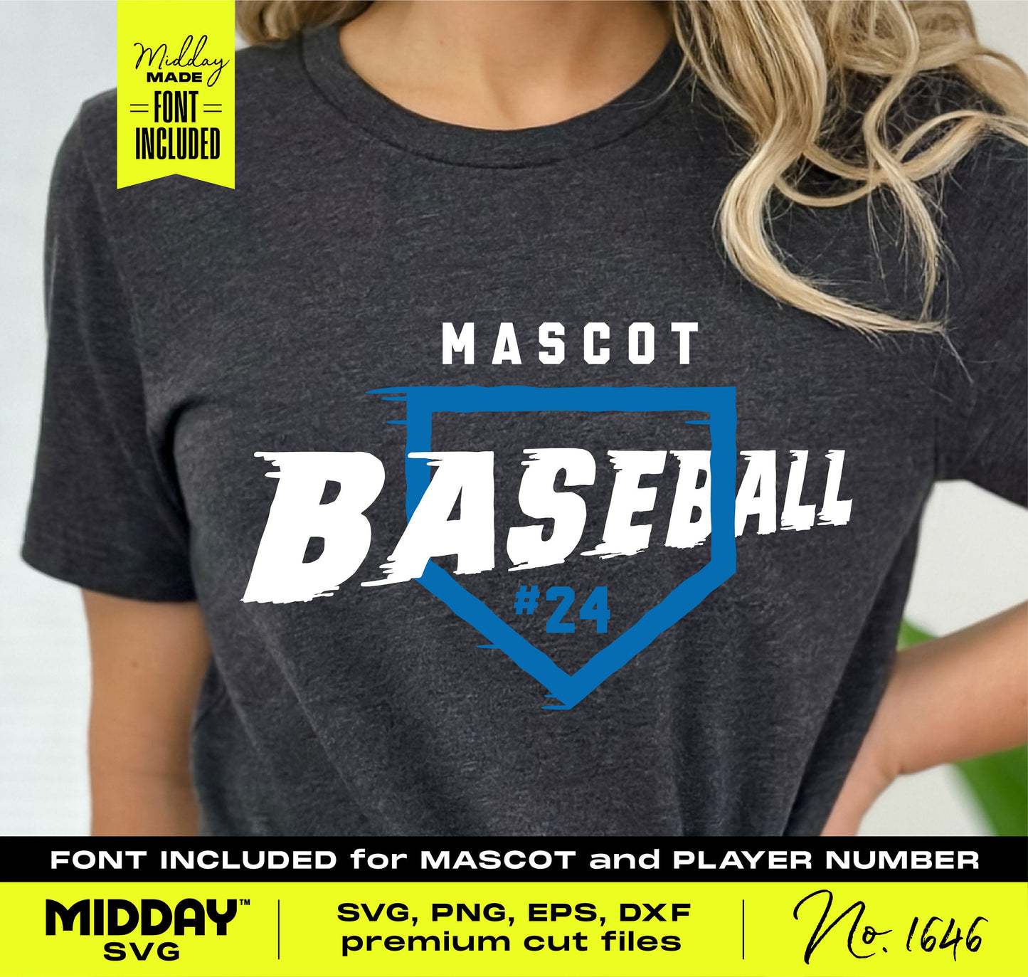 Woman wearing a dark t-shirt with a custom baseball home plate design, including 'Mascot Baseball #24' text in SVG and PNG format.