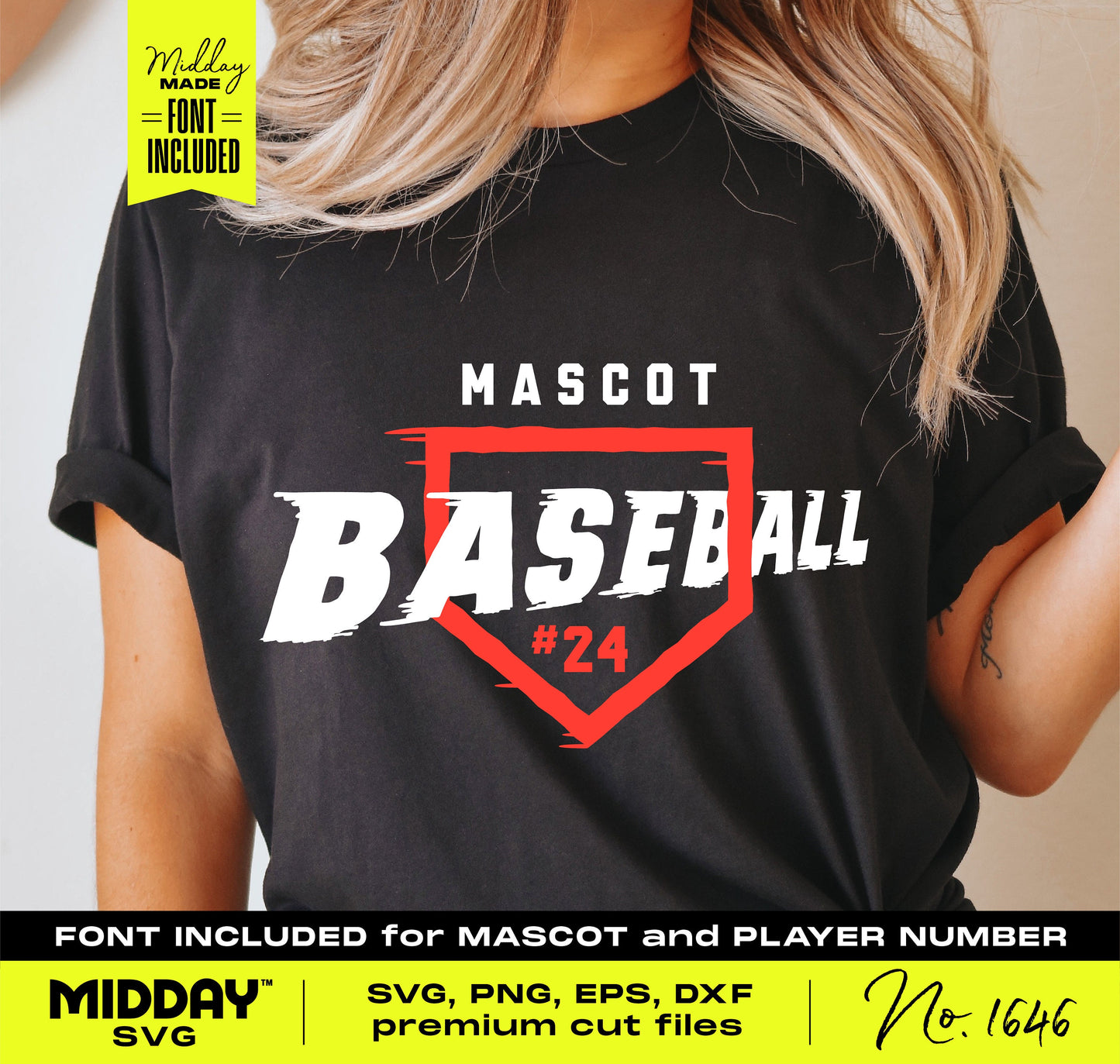 Black t-shirt featuring Speedy Home Plate Baseball SVG design with customizable mascot and player number options.