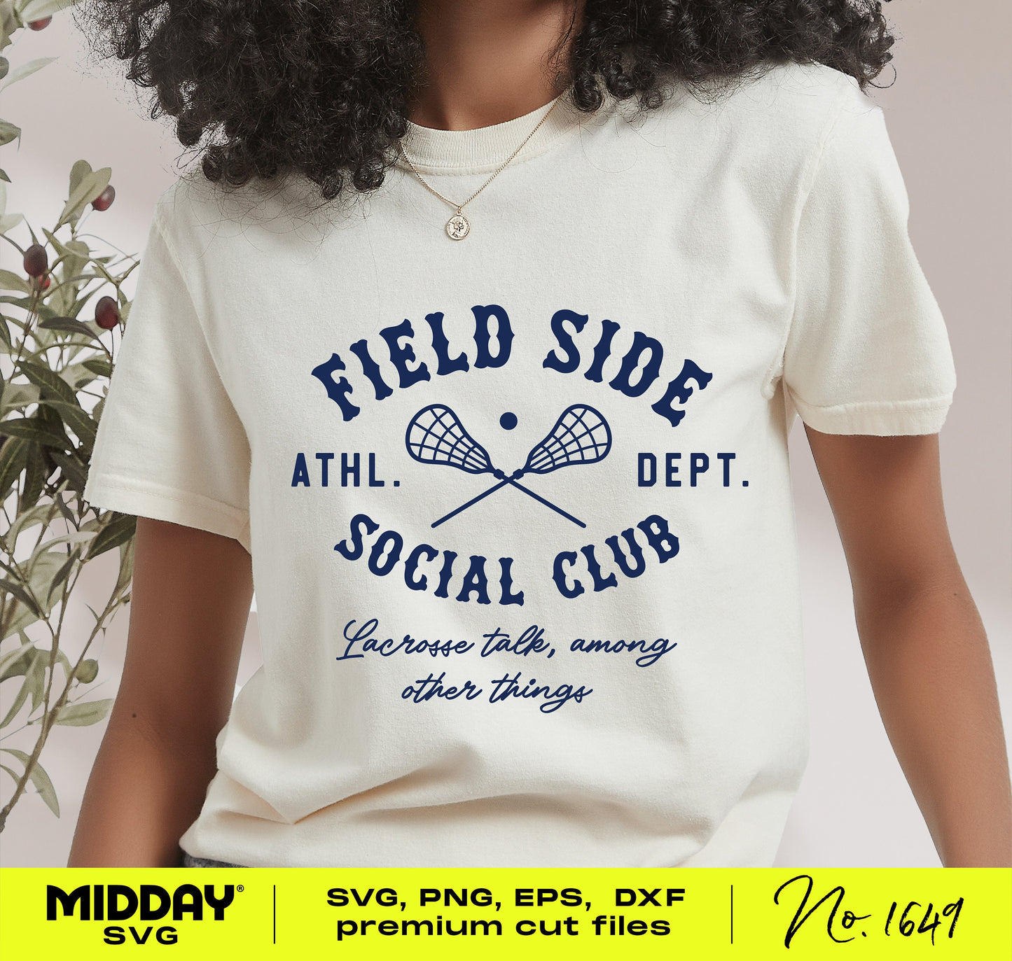 Woman wearing Field Side Social Club lacrosse t-shirt in white, available as SVG, PNG, EPS, DXF files for crafting projects.