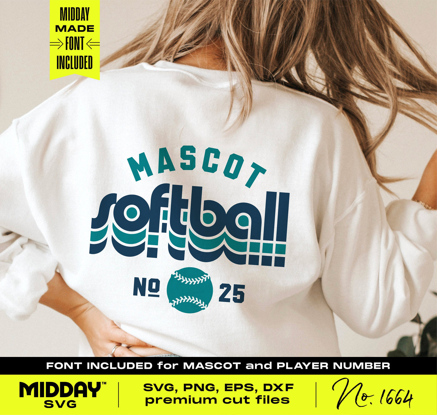 Back view of a woman wearing a white shirt with customizable striped softball team logo and font for mascot and player number, ideal for apparel design.