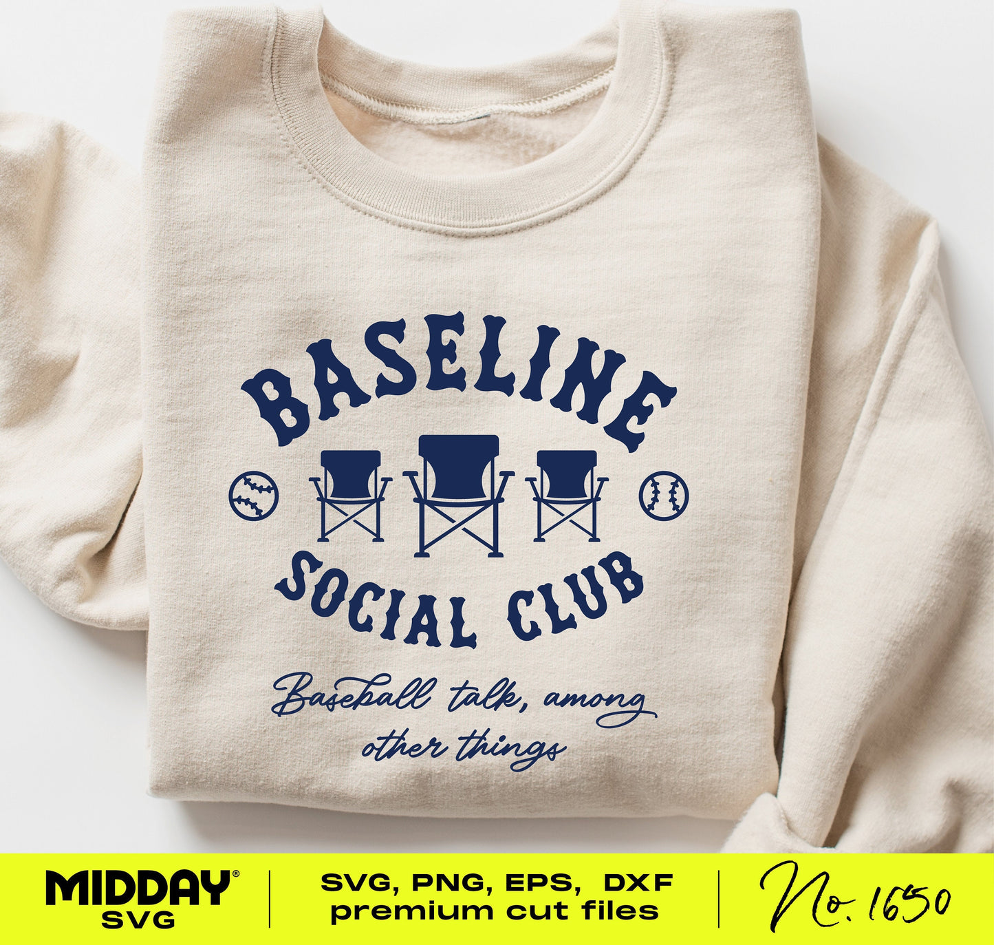 Beige sweatshirt featuring navy 'Baseline Social Club' baseball mom or dad design with text 'Baseball talk, among other things.'
