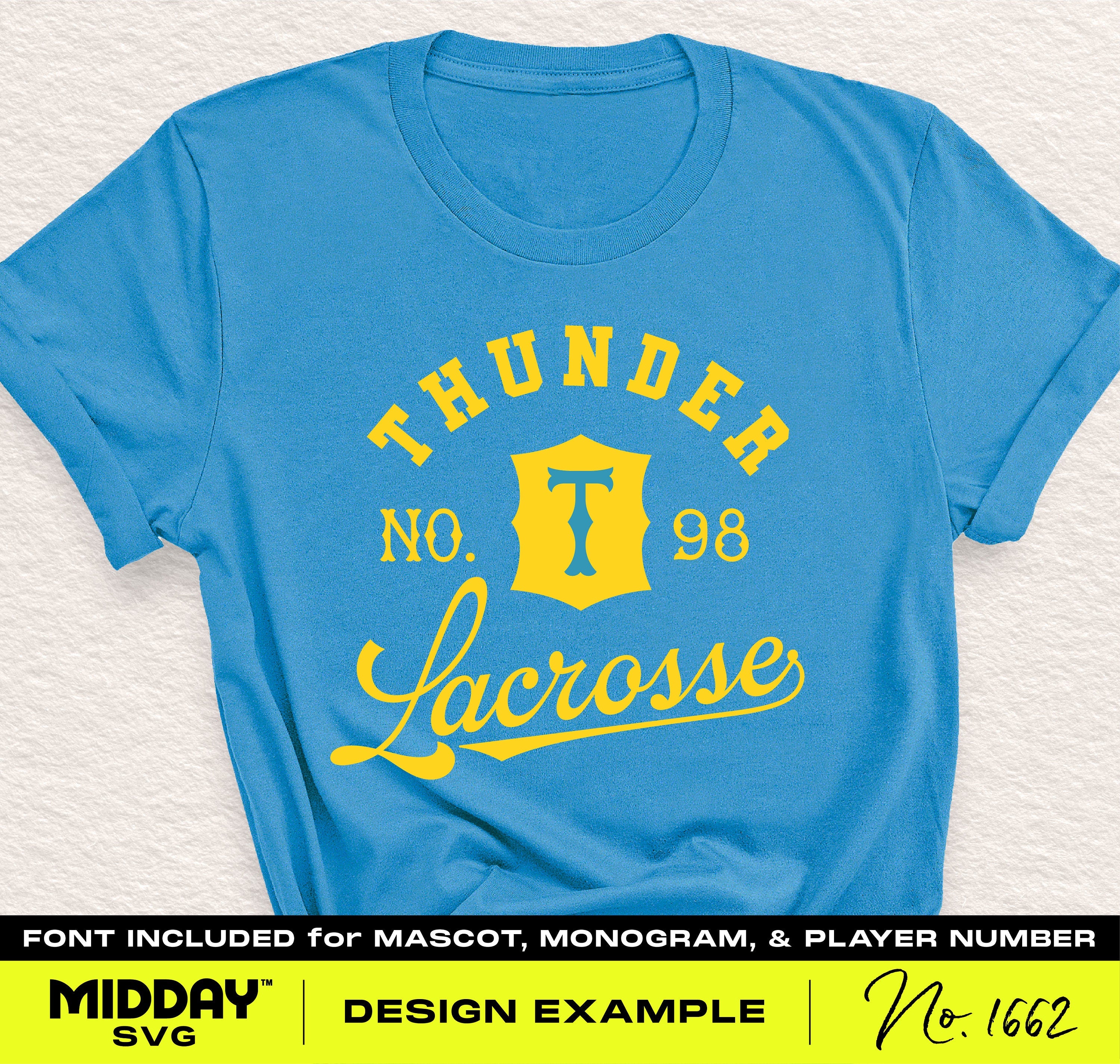 DIY collegiate style lacrosse design kit SVG PNG on blue shirt with team name Thunder and player number 98