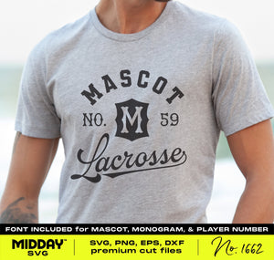 Person wearing a gray t-shirt with custom collegiate lacrosse design featuring mascot and player number, perfect for team gear.