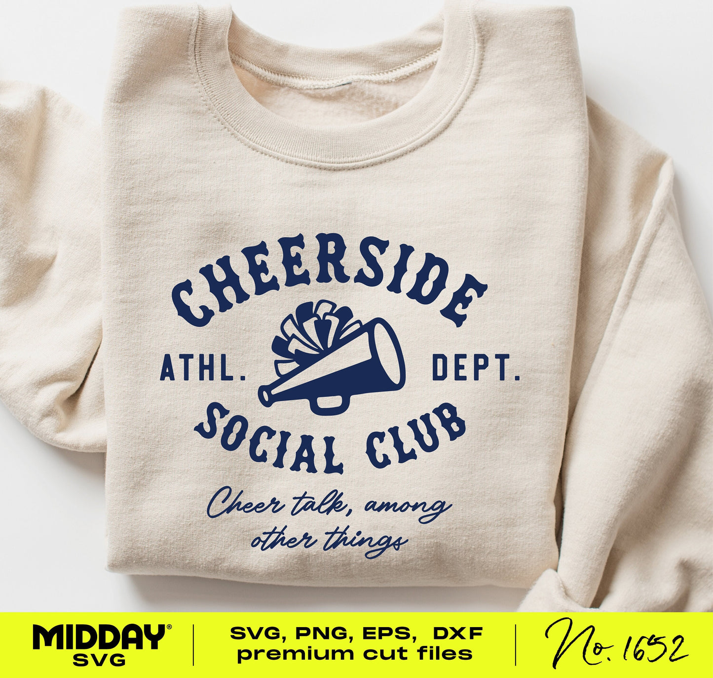 Cheerside Social Club cheer mom sweatshirt with navy megaphone design, available in SVG and PNG formats for custom apparel.