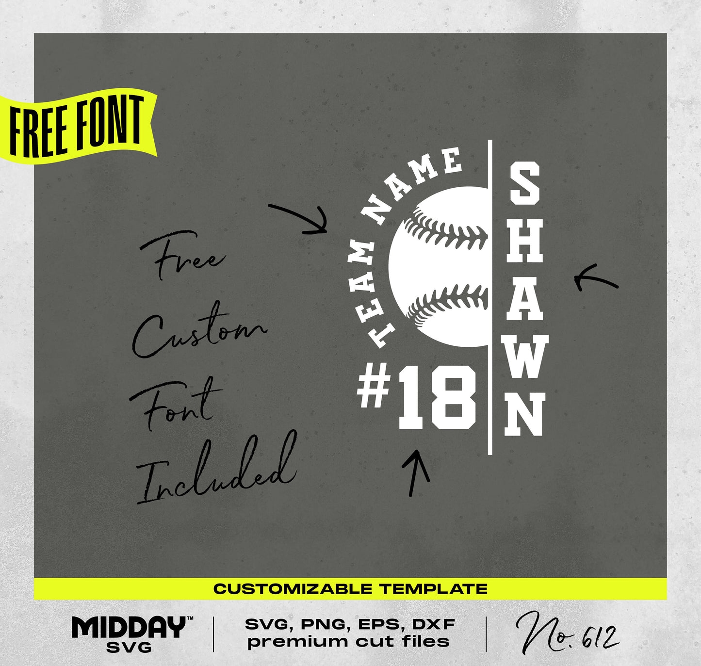 Customizable baseball team SVG template with player number and name, featuring free custom font, perfect for Cricut and Silhouette projects.