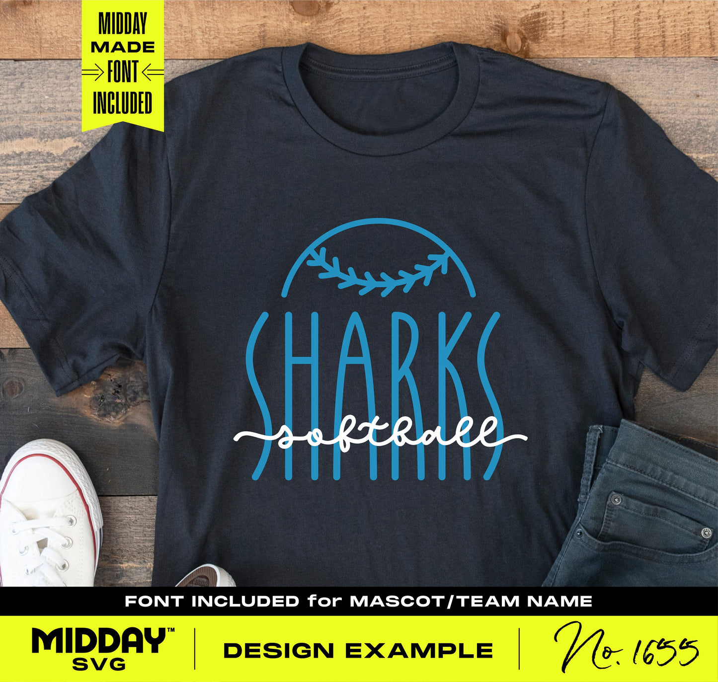 Customizable softball team logo on a t-shirt with "Sharks" text in stylish font, perfect for DIY sports shirt decal.