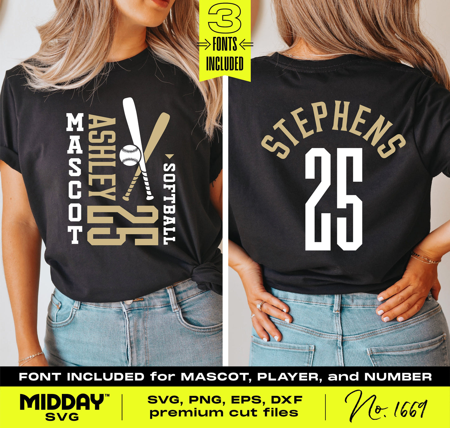 Model wearing customizable softball T-shirts with SVG designs; perfect for crafting personalized sports apparel.