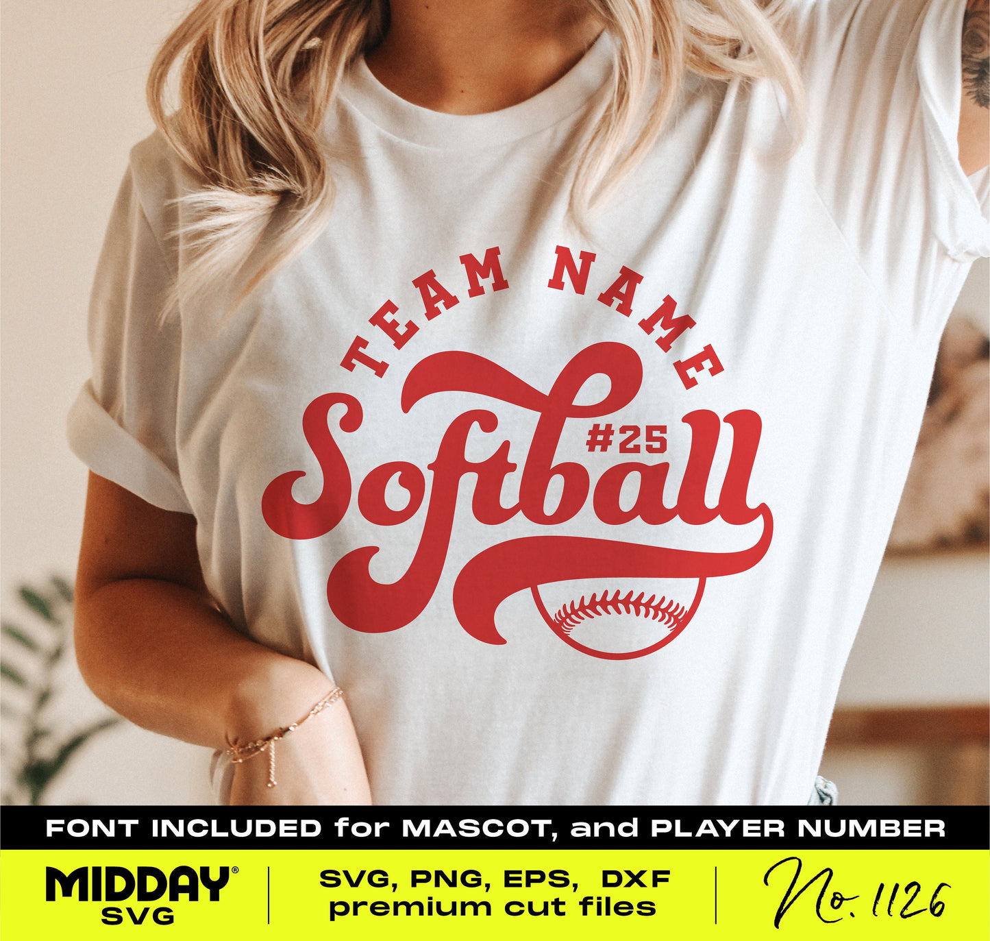 Woman wearing a t-shirt with customizable softball design, featuring team name and player number. SVG and PNG files available for download.