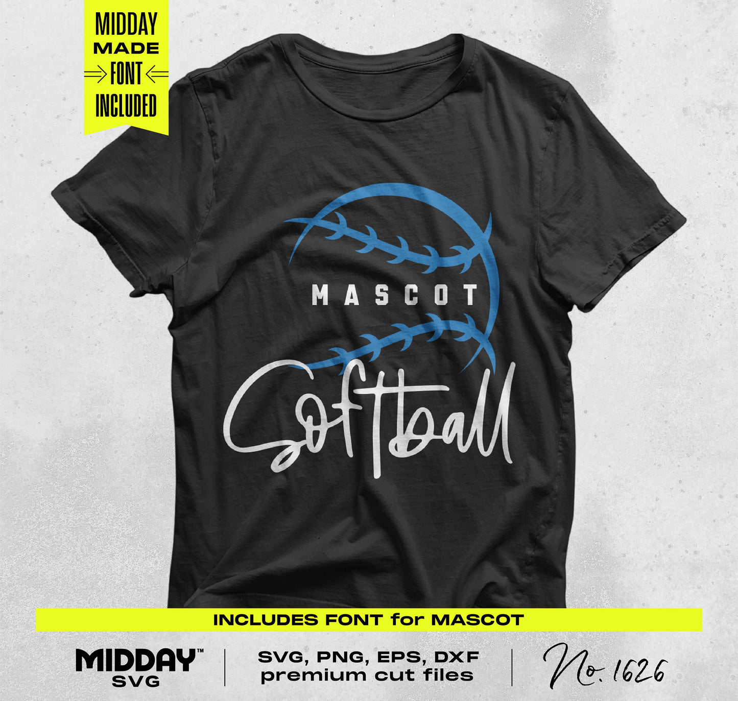Black t-shirt featuring blue and white softball design with "Mascot Softball" text, part of Ultimate Softball SVG PNG Bundle Vol. 3