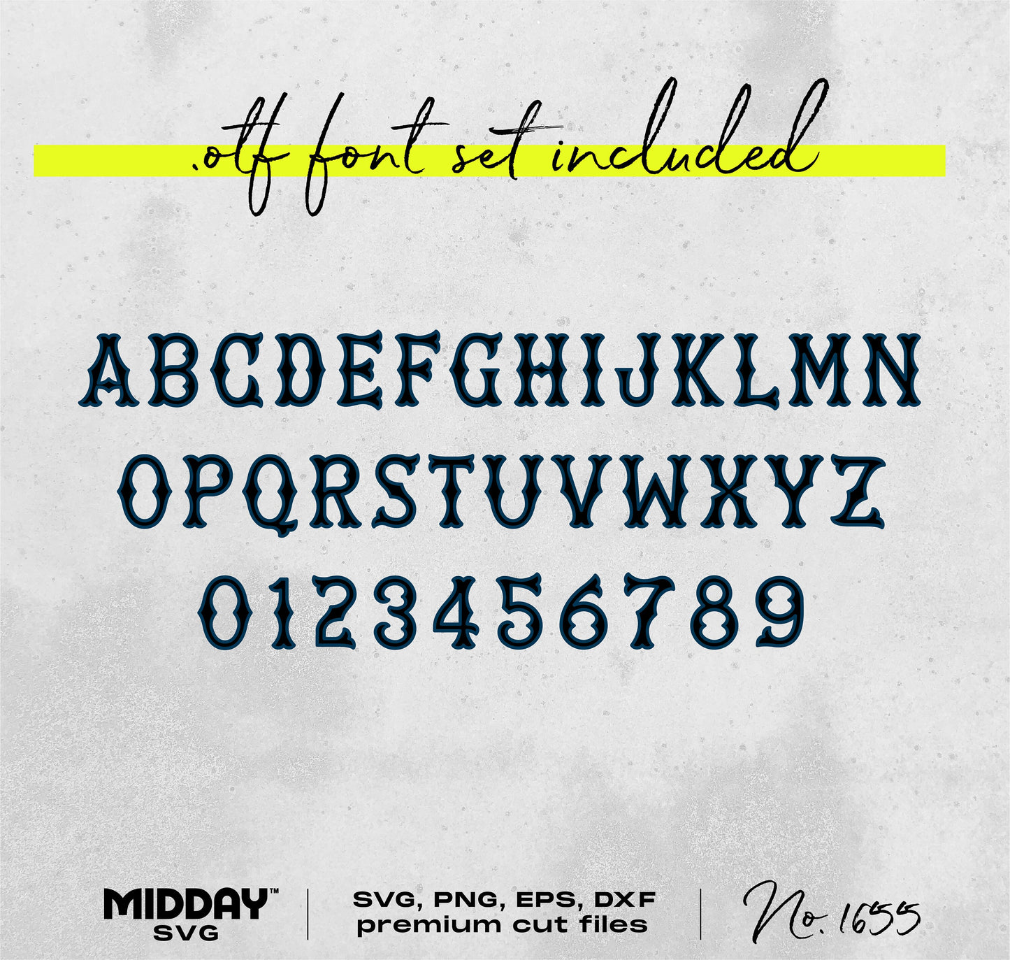 Vintage font set with alphabet and numbers in SVG, PNG, EPS, DXF formats, including .otf font. Ideal for crafts and premium design projects.