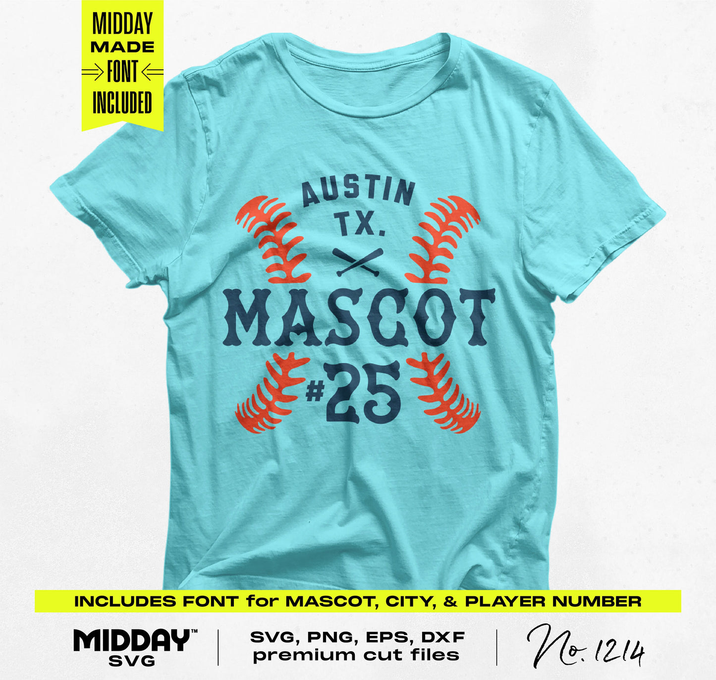 Sky-blue t-shirt featuring customizable softball design with "Austin TX Mascot #25" and included font options for crafting.