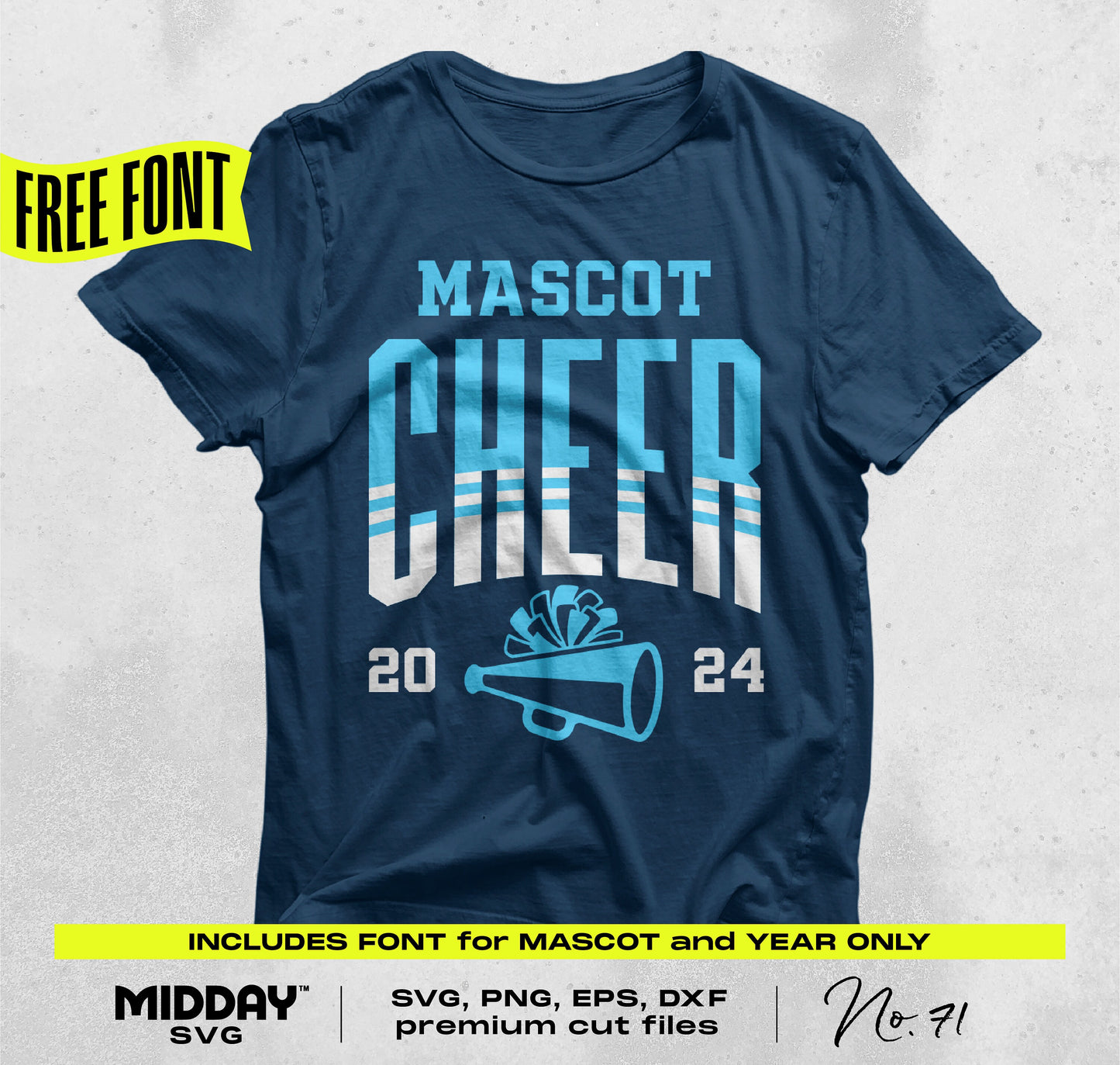 Navy T-shirt with 'Mascot Cheer 2024' design, featuring megaphone graphic, for cheer team spirit. Includes font for mascot customization.