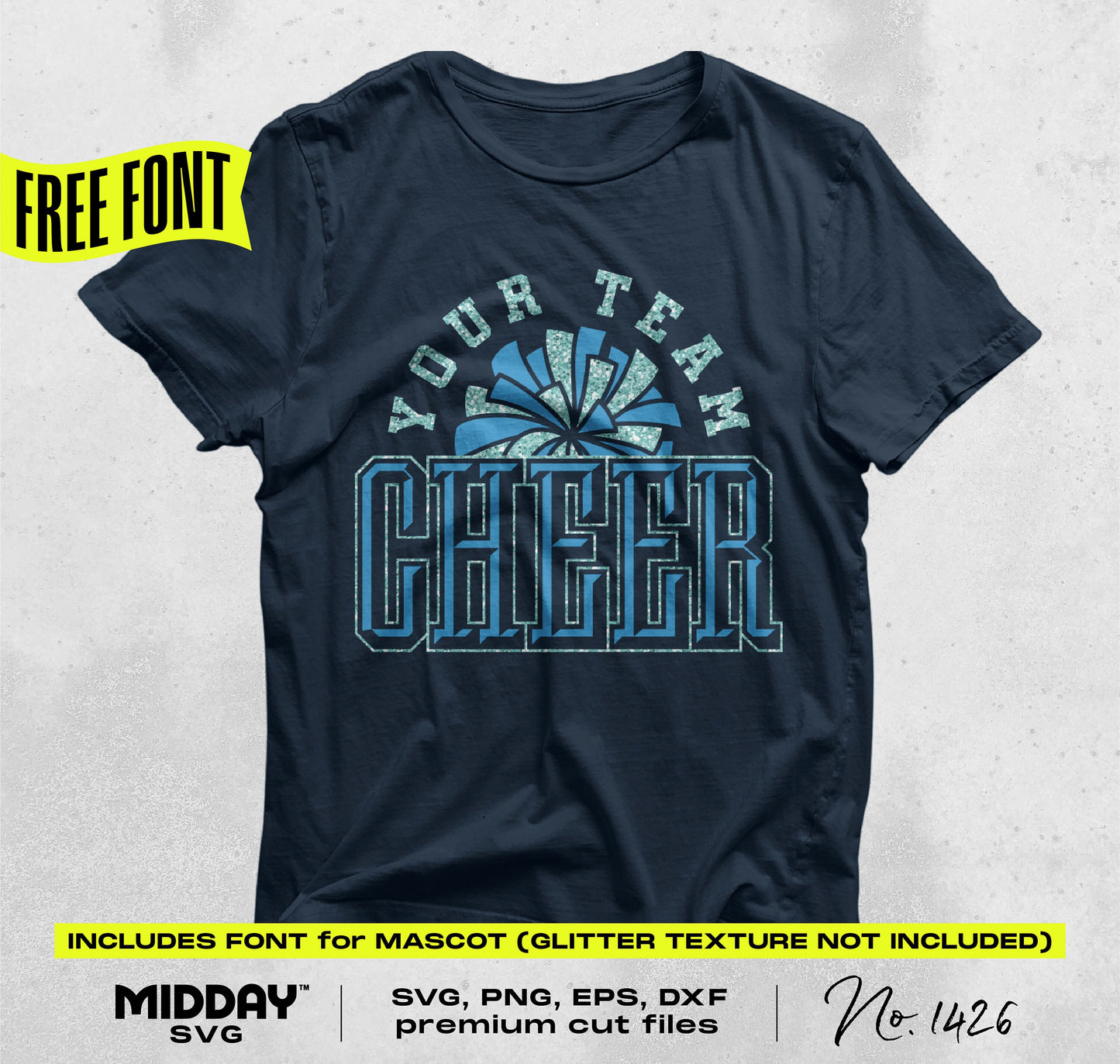 Navy blue t-shirt with 'Your Team Cheer' design, part of Cheer Bundle v5 SVG PNG DXF EPS by Midday SVG, includes free font option.