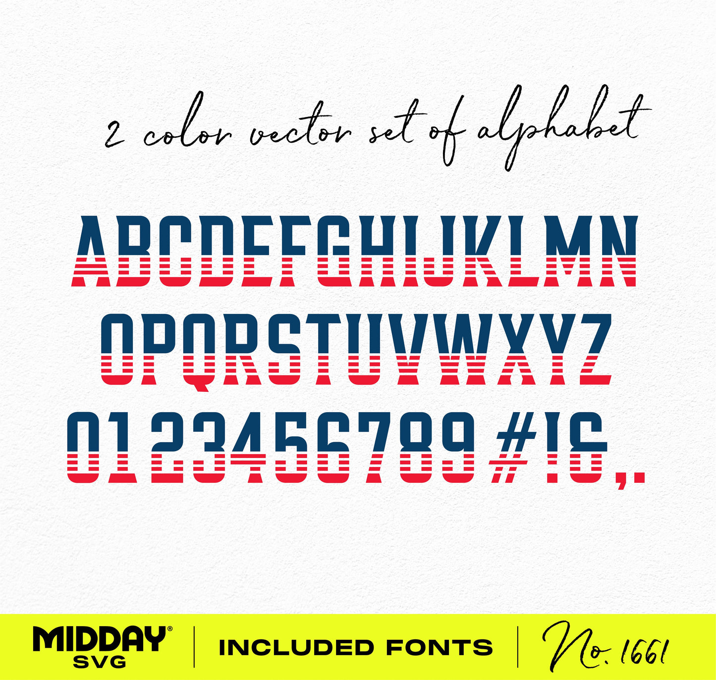 Two-color vector alphabet set with included fonts by Midday SVG, featuring striped design in bold lettering and numerals.