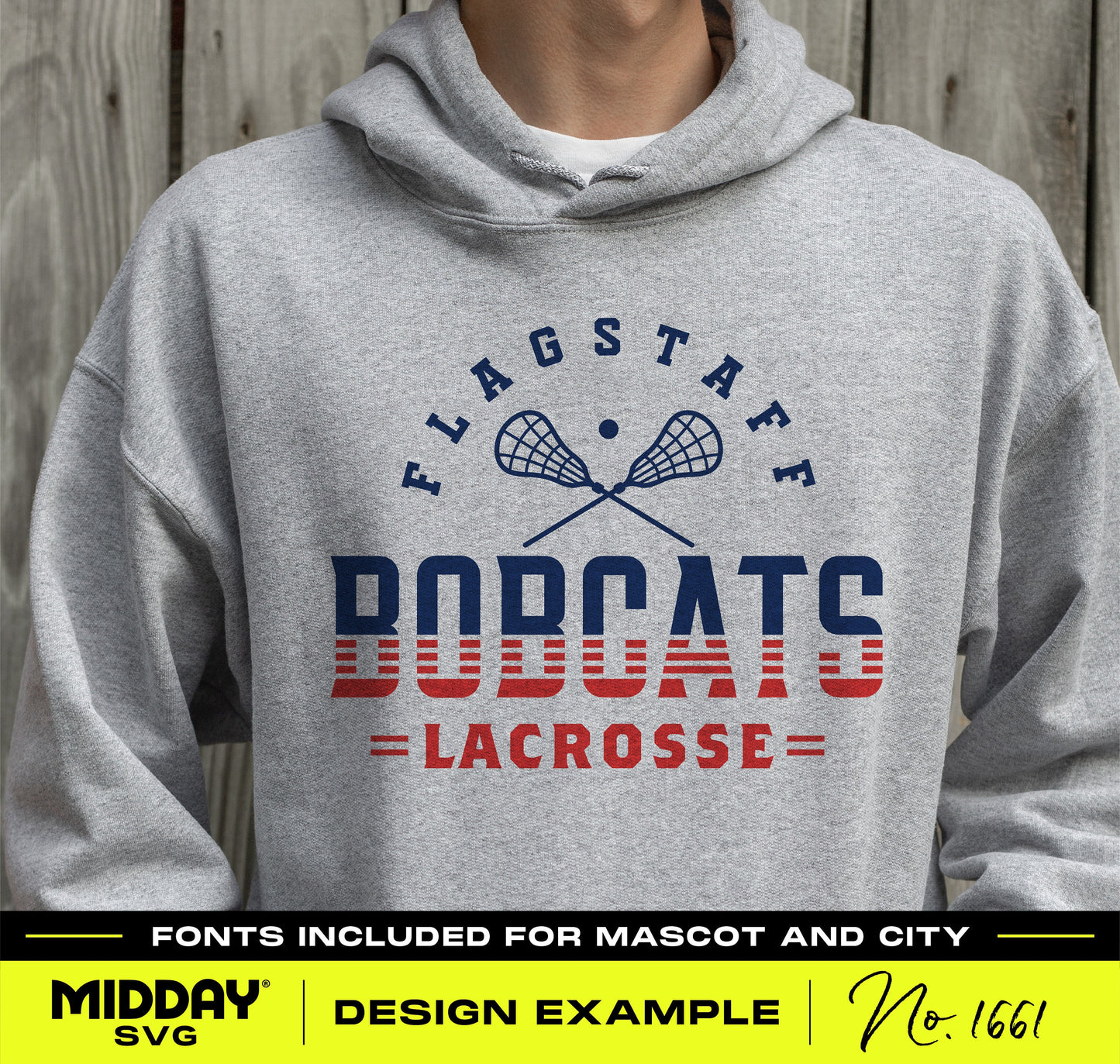 Gray hoodie featuring a striped lacrosse team logo with crossed lacrosse sticks and customizable text for team apparel.