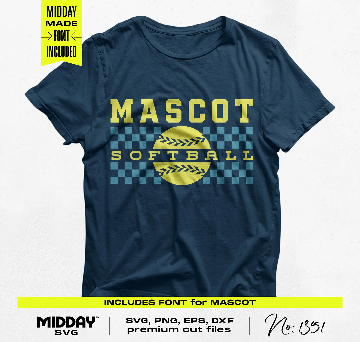 Navy blue t-shirt with yellow 'Mascot Softball' design, perfect for fans and players, includes SVG files and fonts.