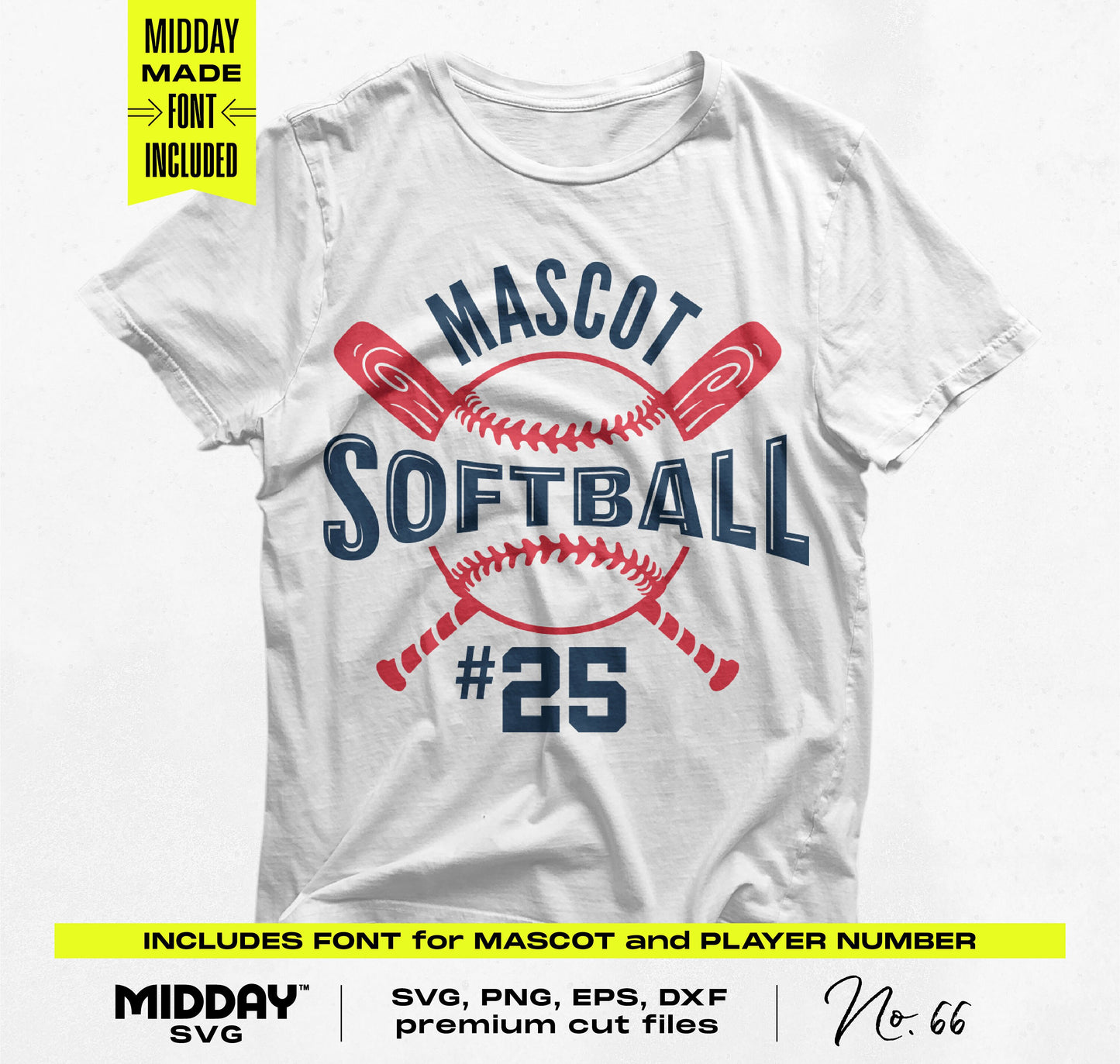 Softball t-shirt with customizable mascot and player number in SVG, PNG, EPS, DXF formats. Perfect for softball enthusiasts and DIY projects.