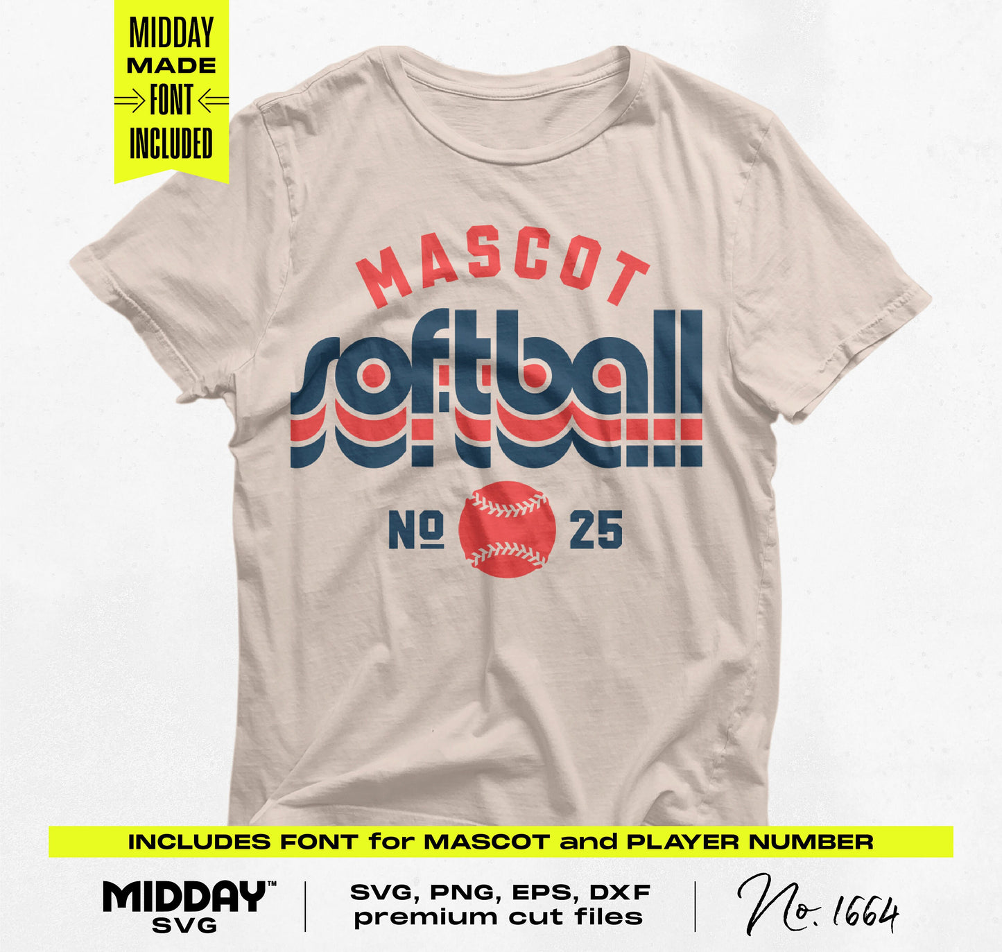 Softball t-shirt design with "Mascot Softball No. 25" text, available in SVG, PNG, EPS, DXF formats for DIY projects.