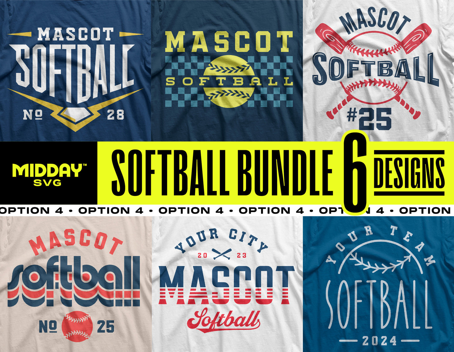 Softball Bundle v4 featuring six unique SVG designs for sports enthusiasts, perfect for DIY projects like t-shirts, mugs, and decals.