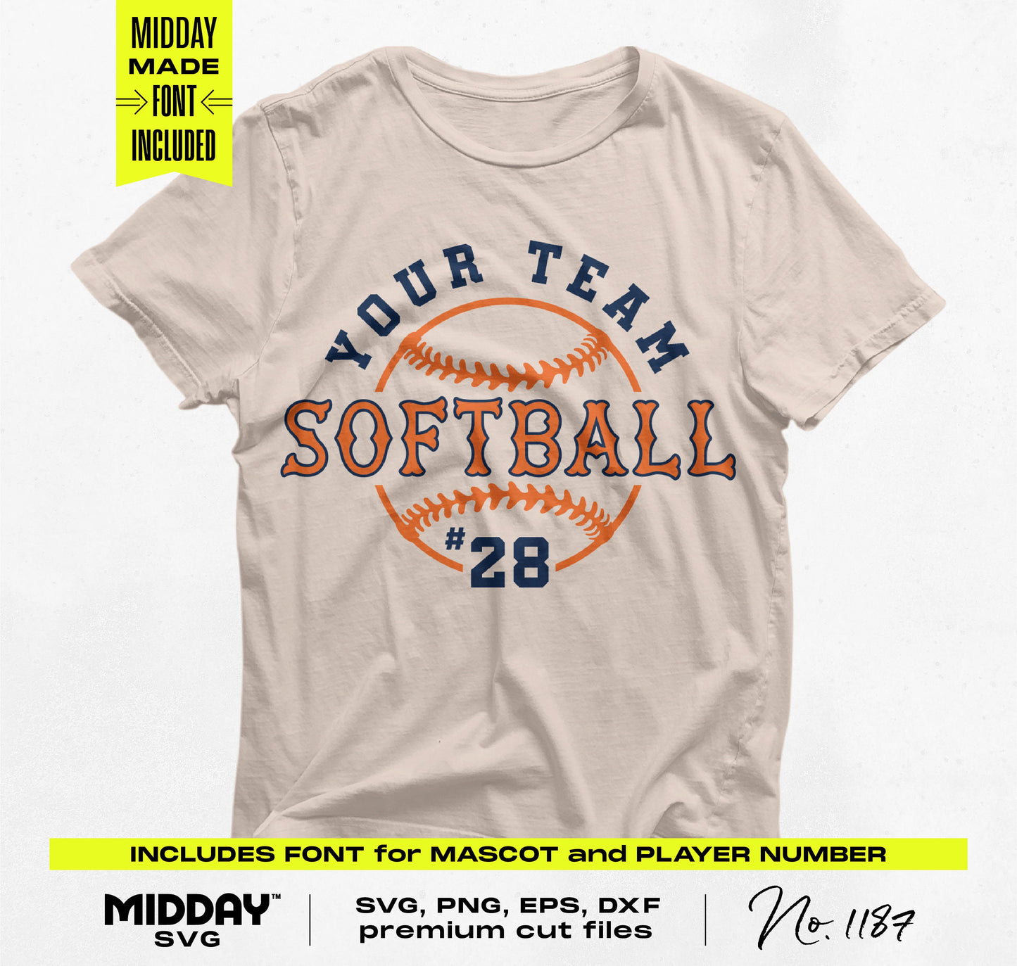 Softball t-shirt design featuring customizable team name and number, perfect for DIY projects using SVG, PNG, and DXF files.
