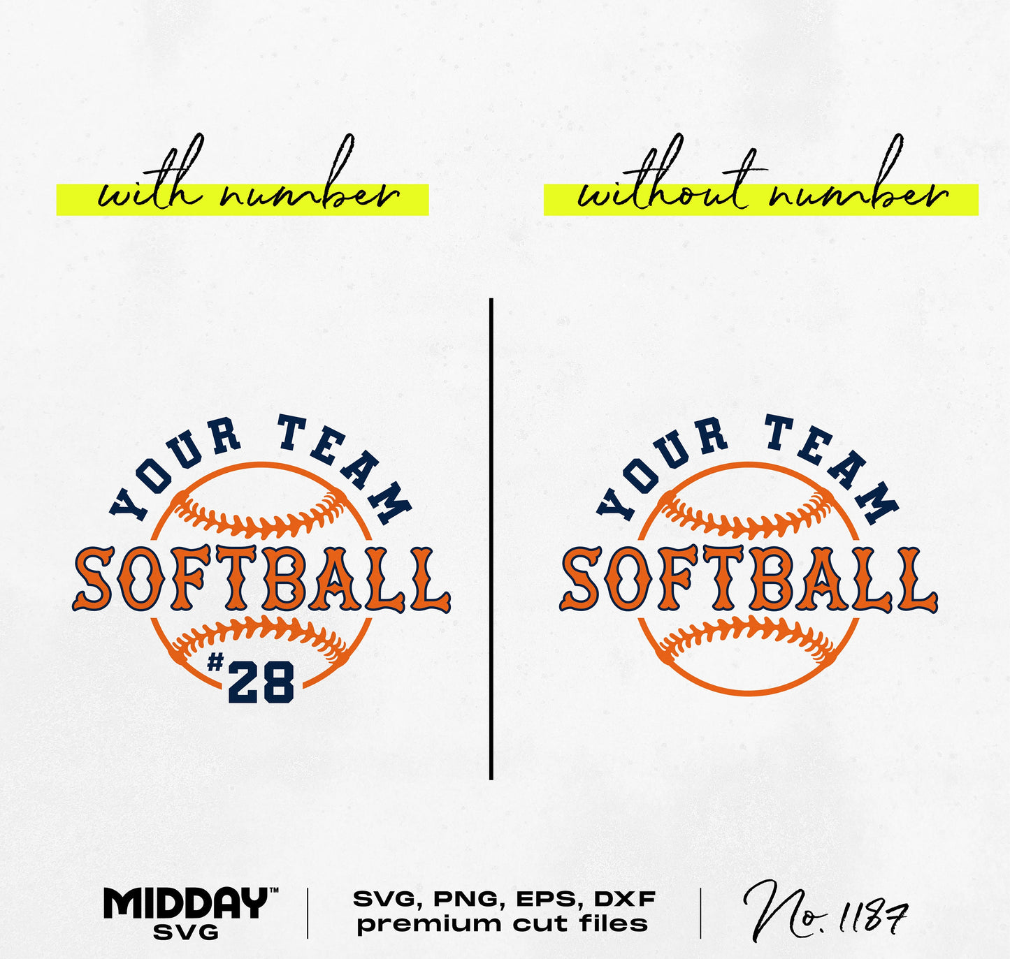 Softball SVG design with customizable team name and number, includes SVG, PNG, EPS, DXF formats for DIY projects like shirts and mugs.