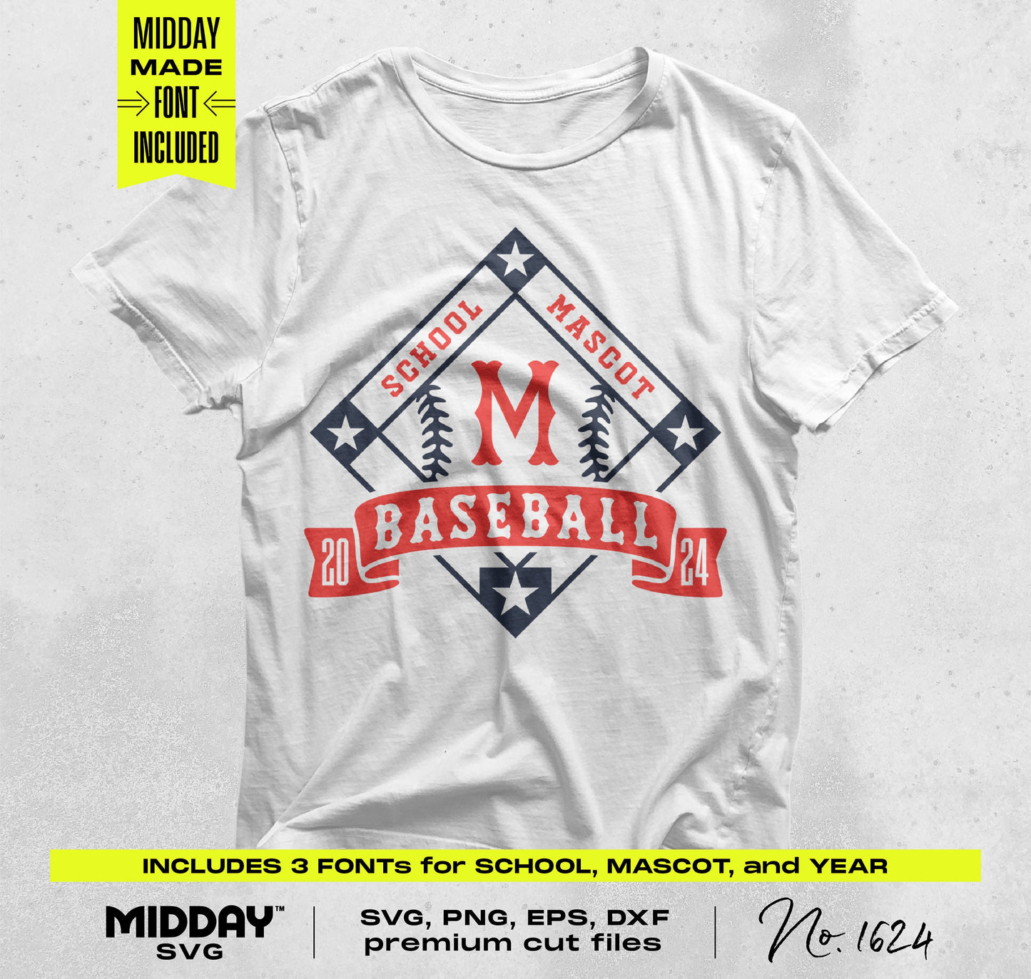 White t-shirt featuring a baseball-themed SVG design template for DIY crafts with school mascot and year; includes font options.
