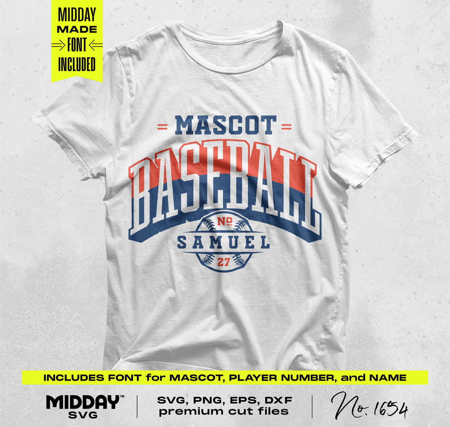 Bold Baseball Template SVG on a white T-shirt with customizable mascot, player number, and name. Ideal for DIY craft projects.