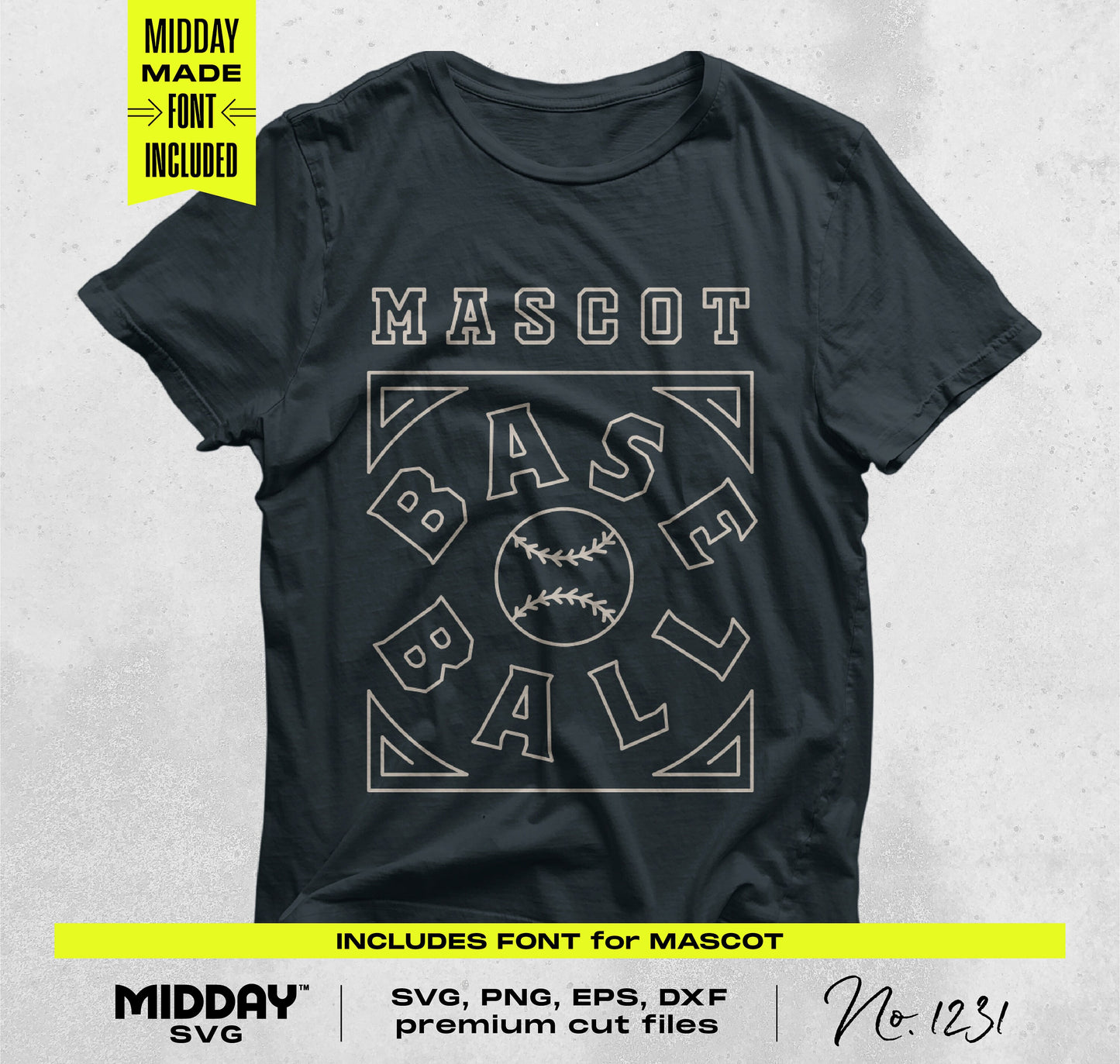 Black t-shirt featuring a stylish baseball design with the words 'Mascot Baseball', perfect for crafting and apparel projects.