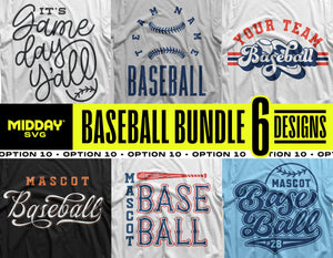 Bold Baseball Template SVG Bundle V10 with six striking baseball-themed designs for DIY crafts, apparel, and decorations.