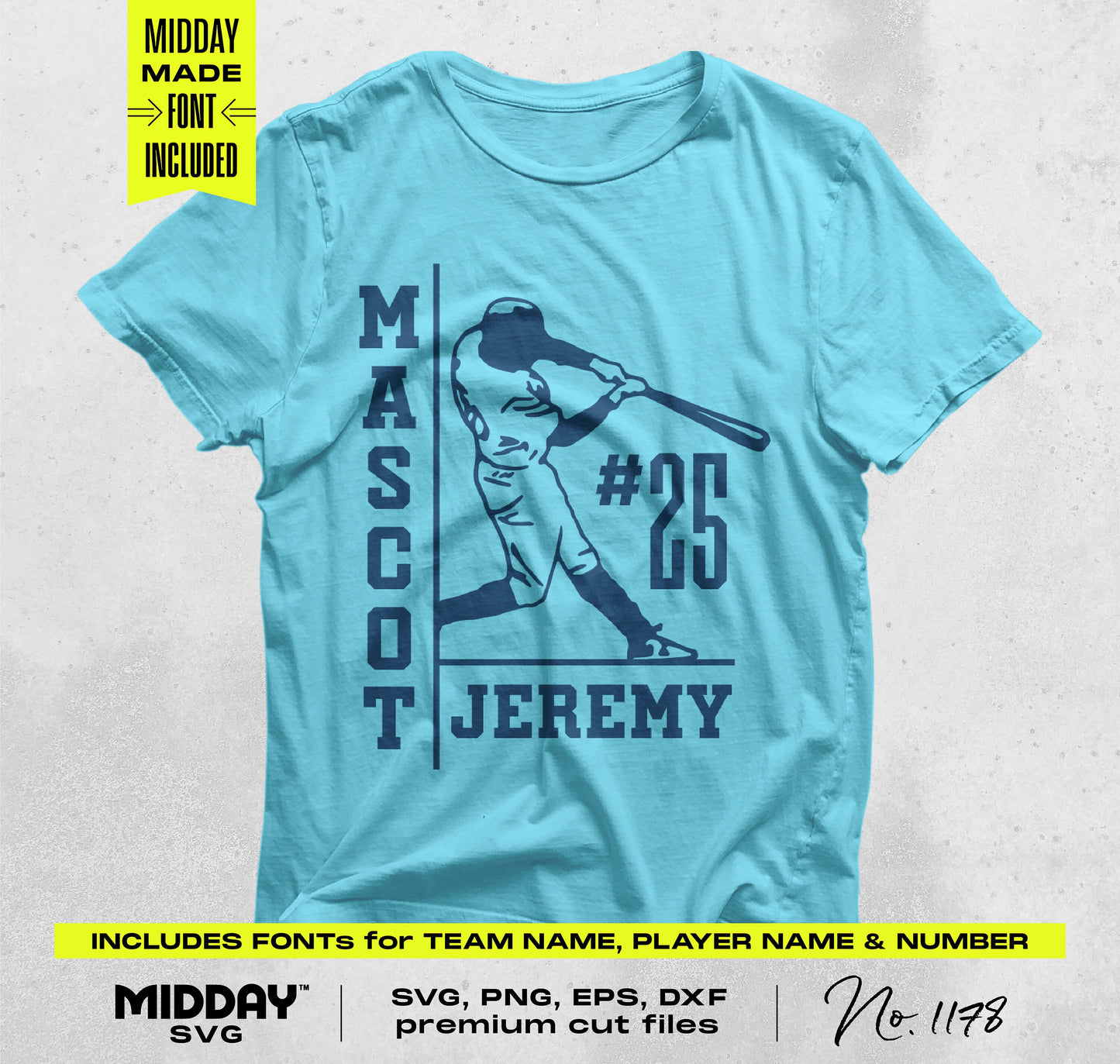 Blue t-shirt with customizable baseball SVG design featuring a player, team name, and number for DIY projects or merchandise.