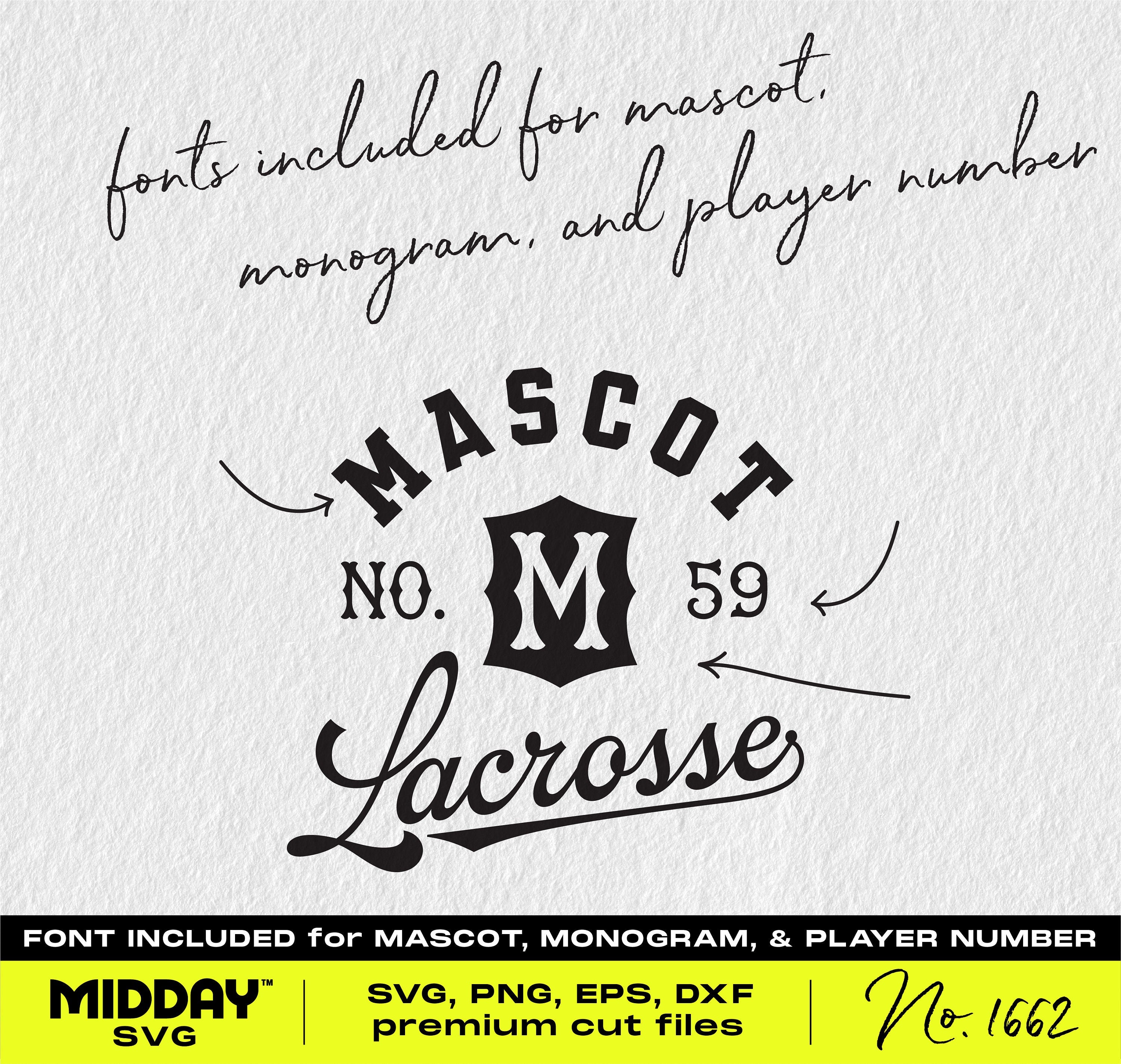 Collegiate Lacrosse design kit featuring customizable mascot, monogram, and player number in SVG, PNG formats.
