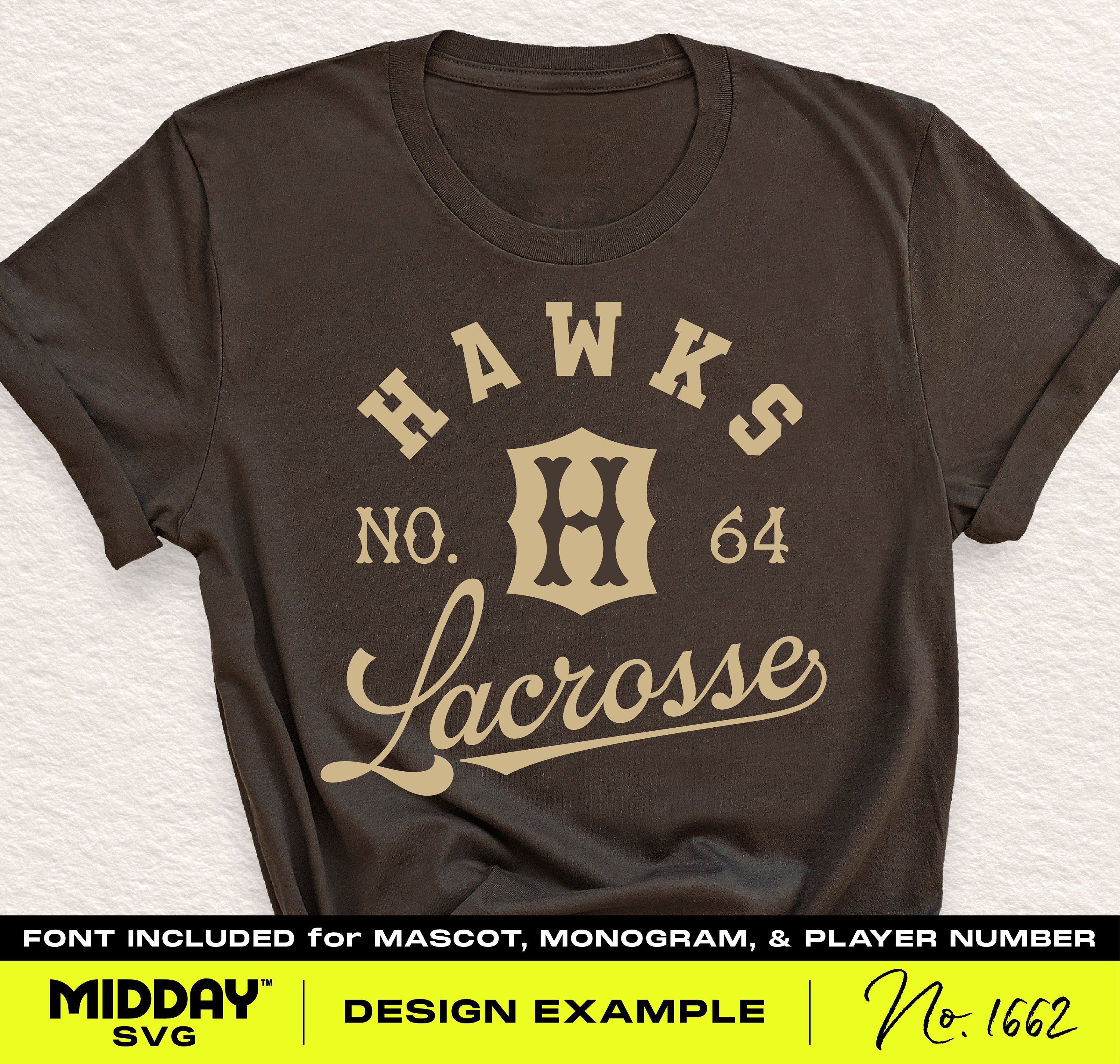 DIY Collegiate Style Lacrosse T-Shirt Design with Customizable Team Name, Mascot, Monogram, and Player Number in SVG PNG Format.