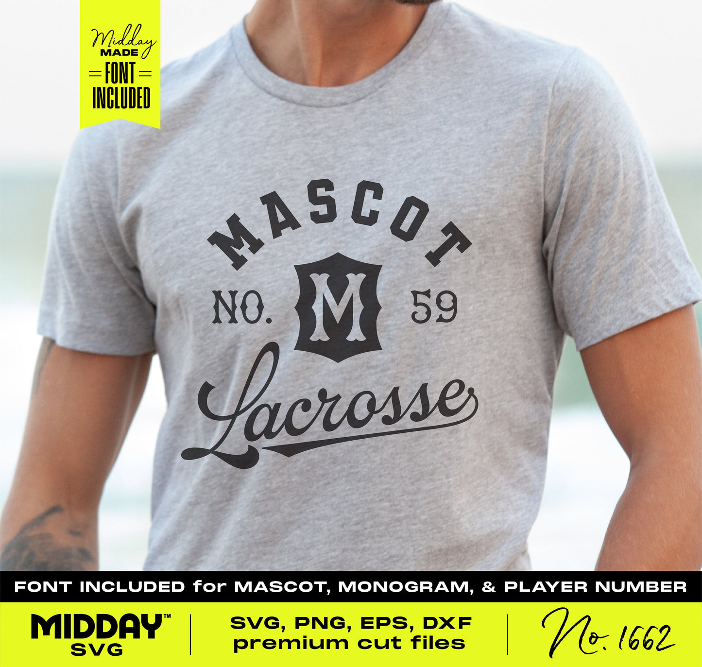 Person wearing a customized gray lacrosse t-shirt with mascot, monogram, and player number font, included in lacrosse SVG bundle.