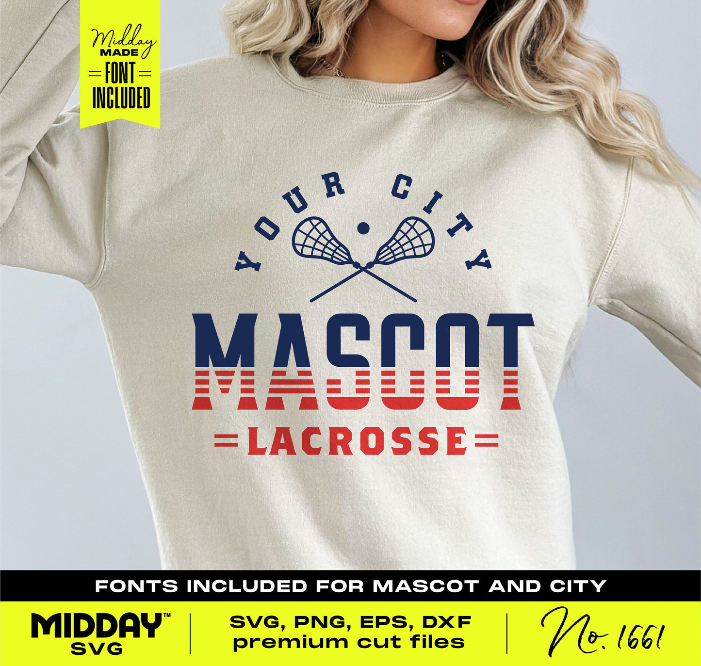 Customizable lacrosse SVG PNG design on a sweatshirt with city and mascot text, perfect for team spirit and personalization.