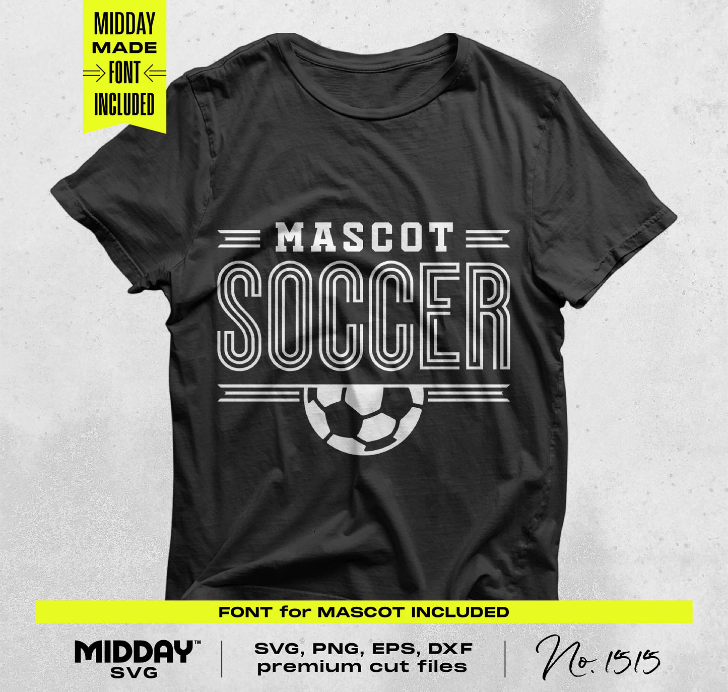 Black "Mascot Soccer" t-shirt featuring SVG, PNG, EPS, DXF files for creating custom team designs; font included.