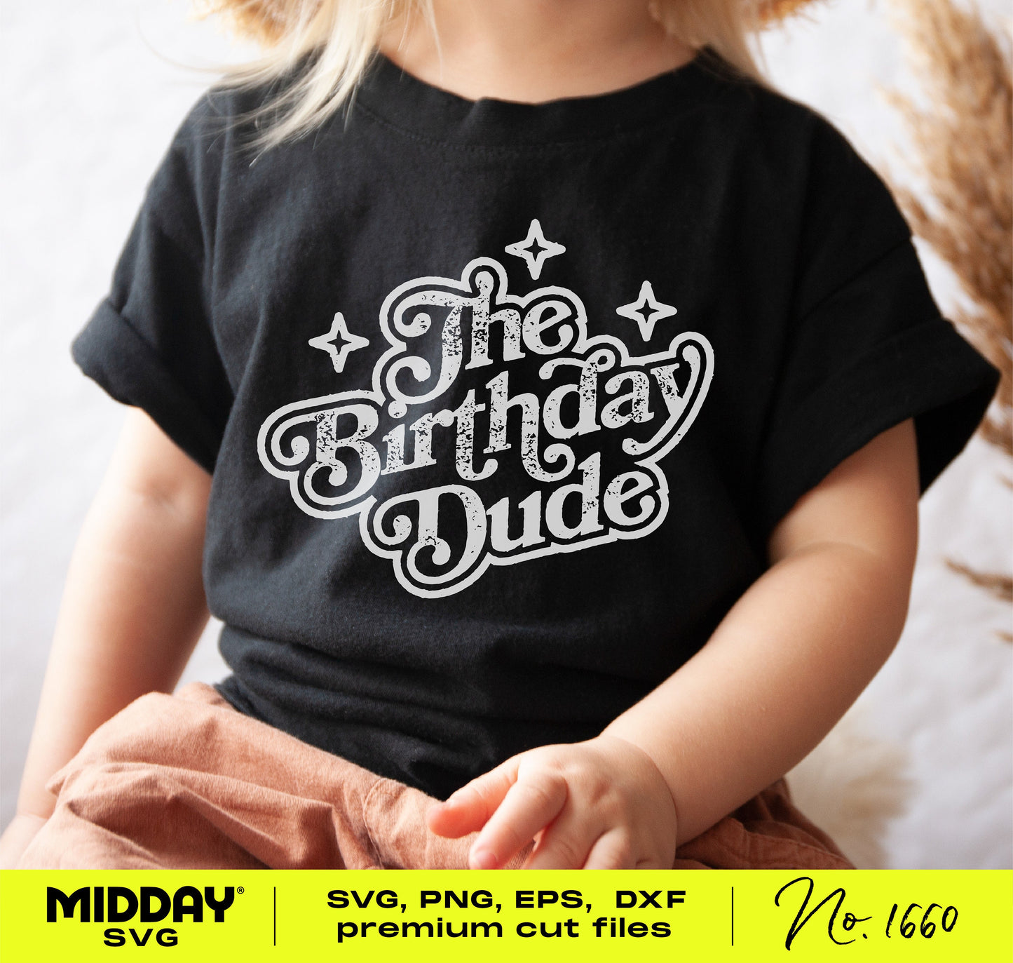 Child wearing a black t-shirt with "The Birthday Dude" design in white text, ideal for youth birthday celebrations.