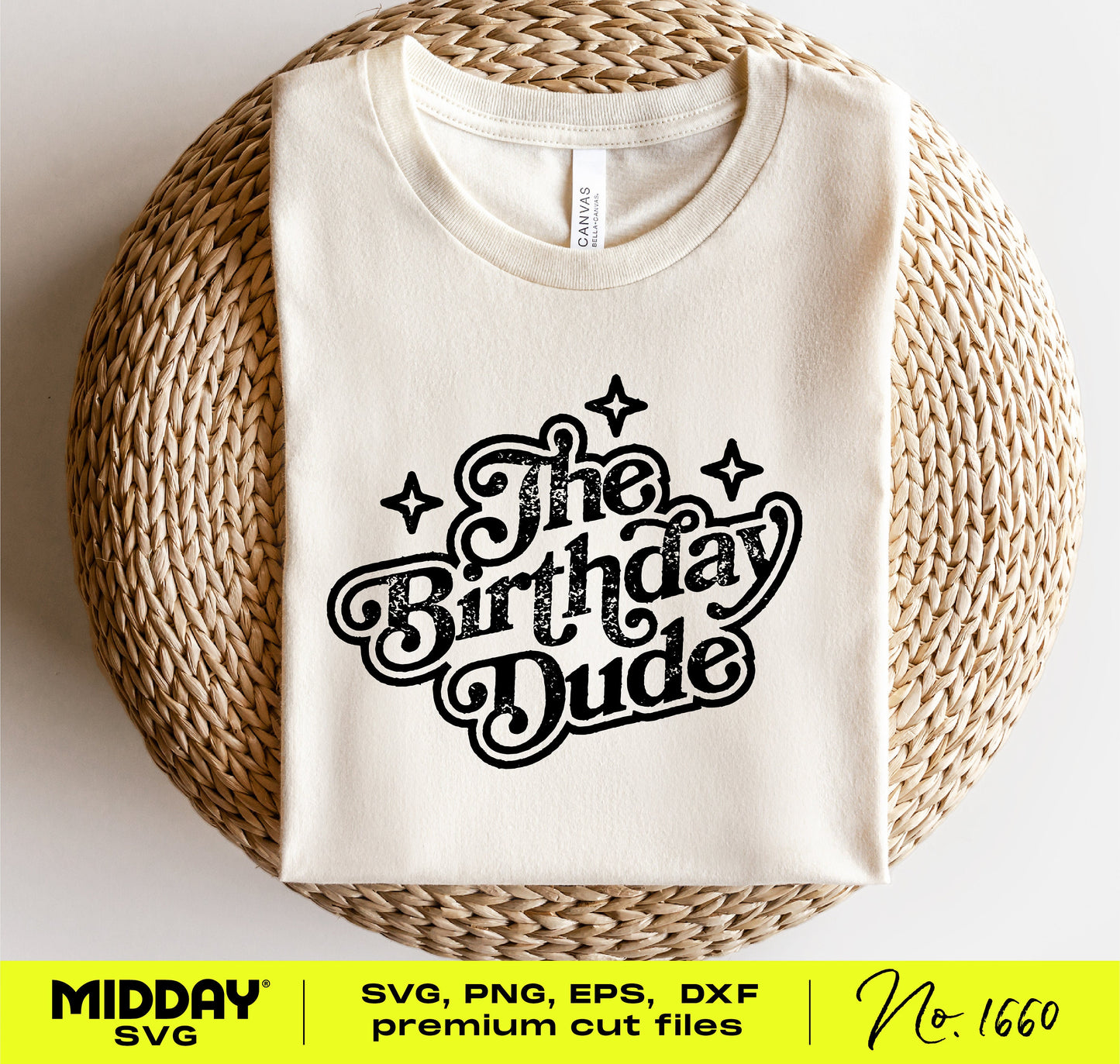 The Birthday Dude t-shirt design in SVG PNG format, fun youth birthday shirt with stars on a folded white tee, perfect for parties.