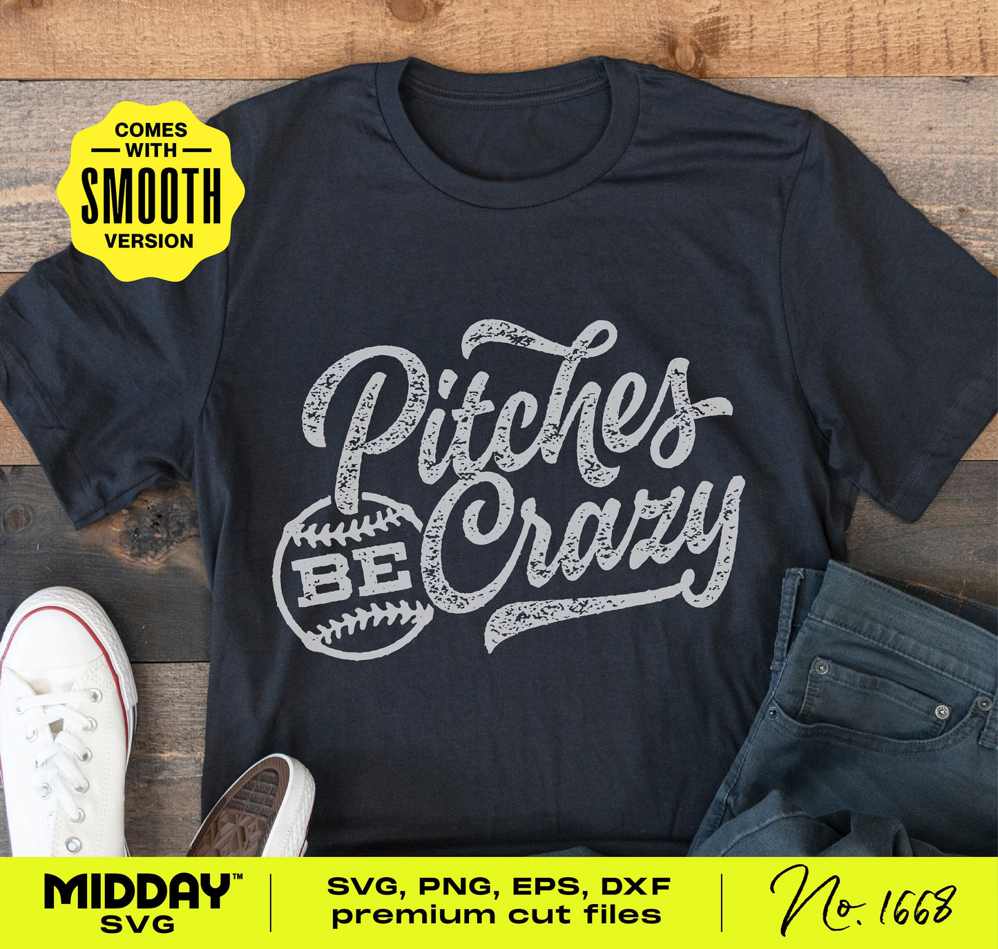 Black t-shirt with "Pitches Be Crazy" softball design available as SVG, PNG digital download for apparel and gifts.
