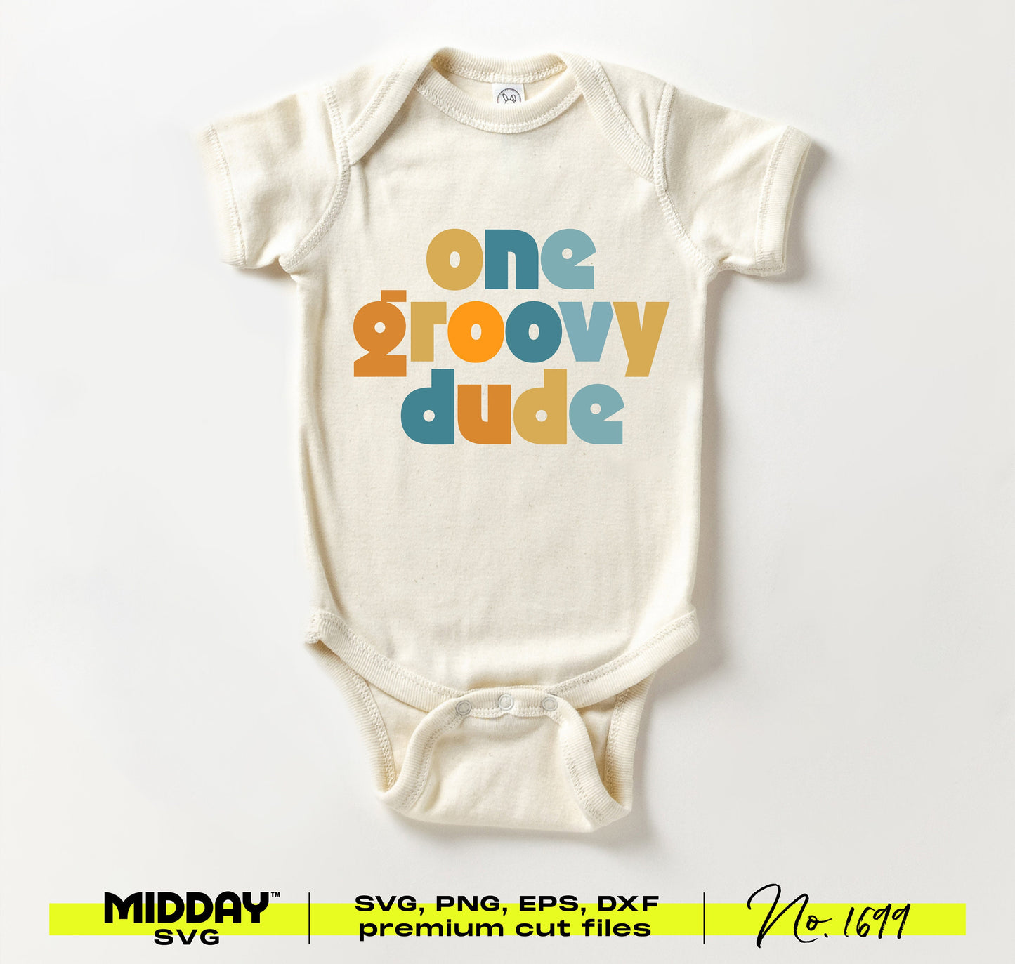 Cute 'One Groovy Dude' baby onesie in retro style, perfect for toddlers
