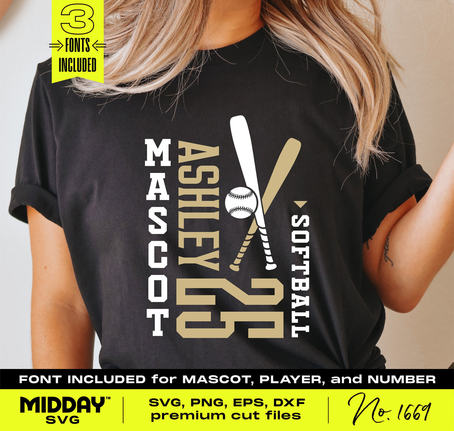 Customizable DIY softball team SVG template on T-shirt with player name, number, and mascot for personalization.