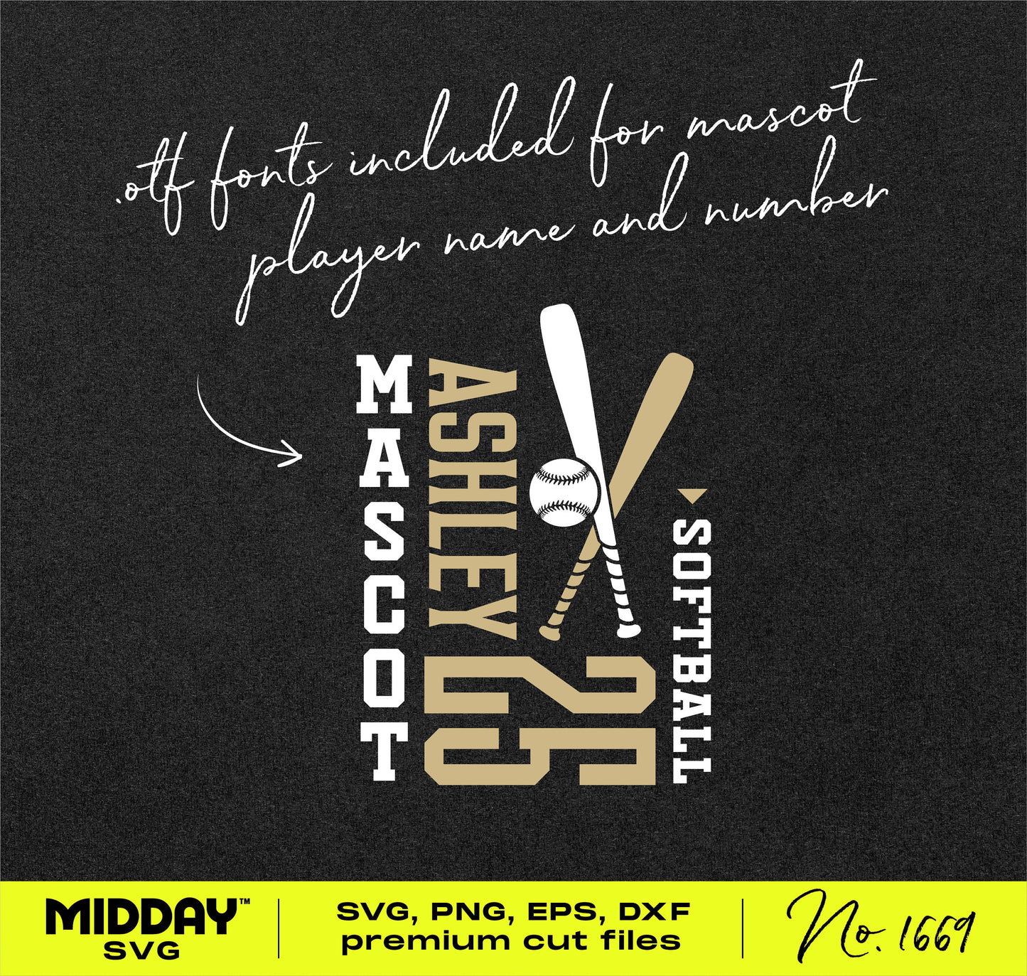 Customizable DIY Softball Team Template SVG with player name, number, and mascot design on black background