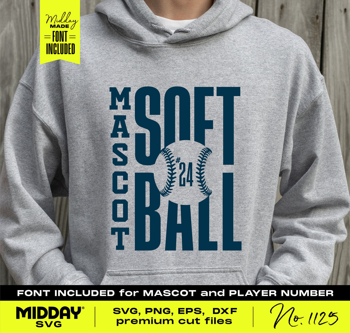 Person wearing hoodie with 'Mascot Softball' design from Ultimate Softball SVG PNG Bundle, includes font and number #24, by Midday SVG.