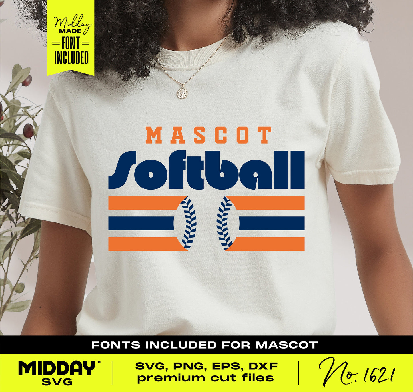 Woman wearing t-shirt with softball SVG design including text 'Mascot Softball', perfect for crafting projects and apparel.