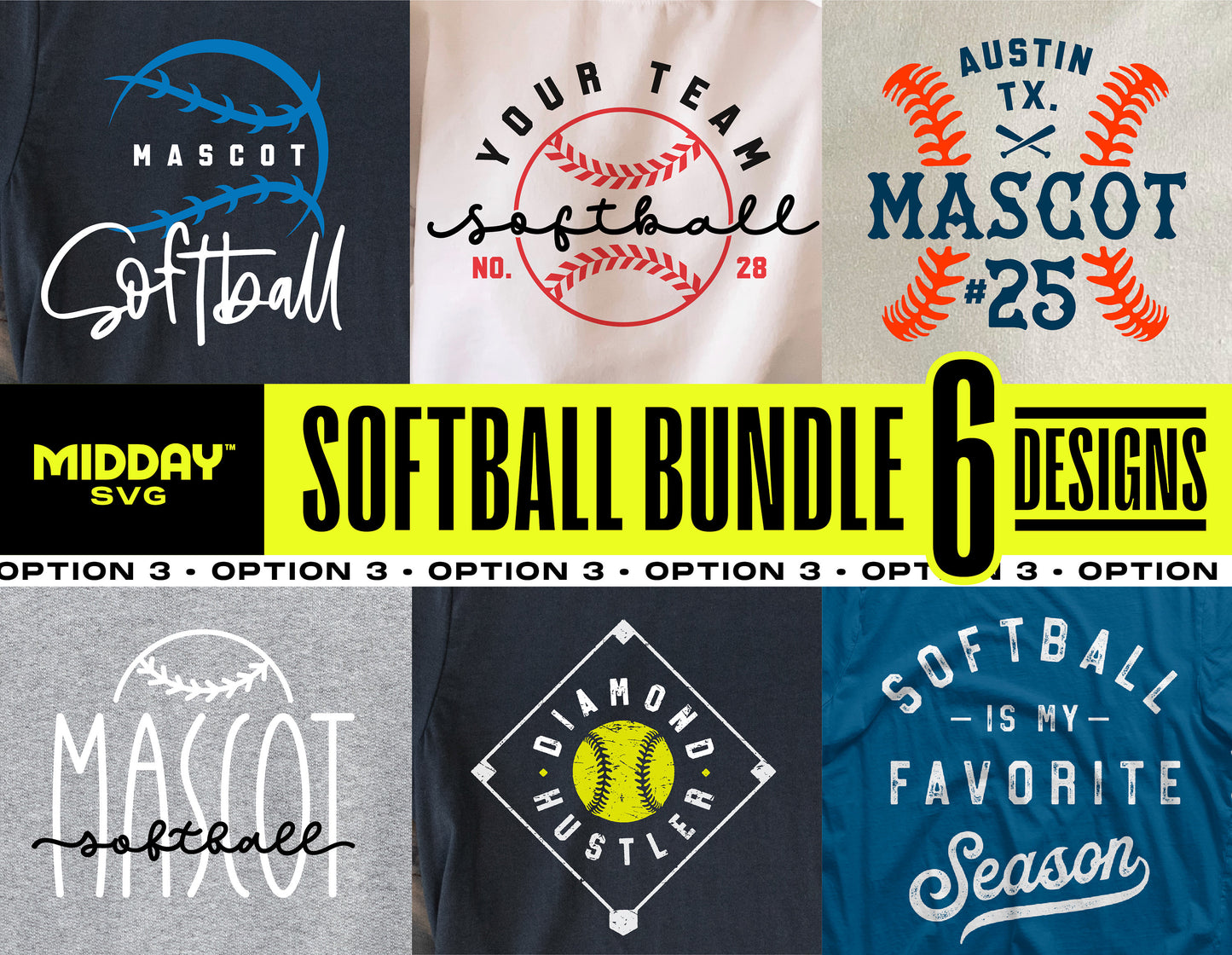 Ultimate Softball SVG PNG Bundle Vol. 3 featuring 6 creative softball designs for crafting personalized apparel and accessories.