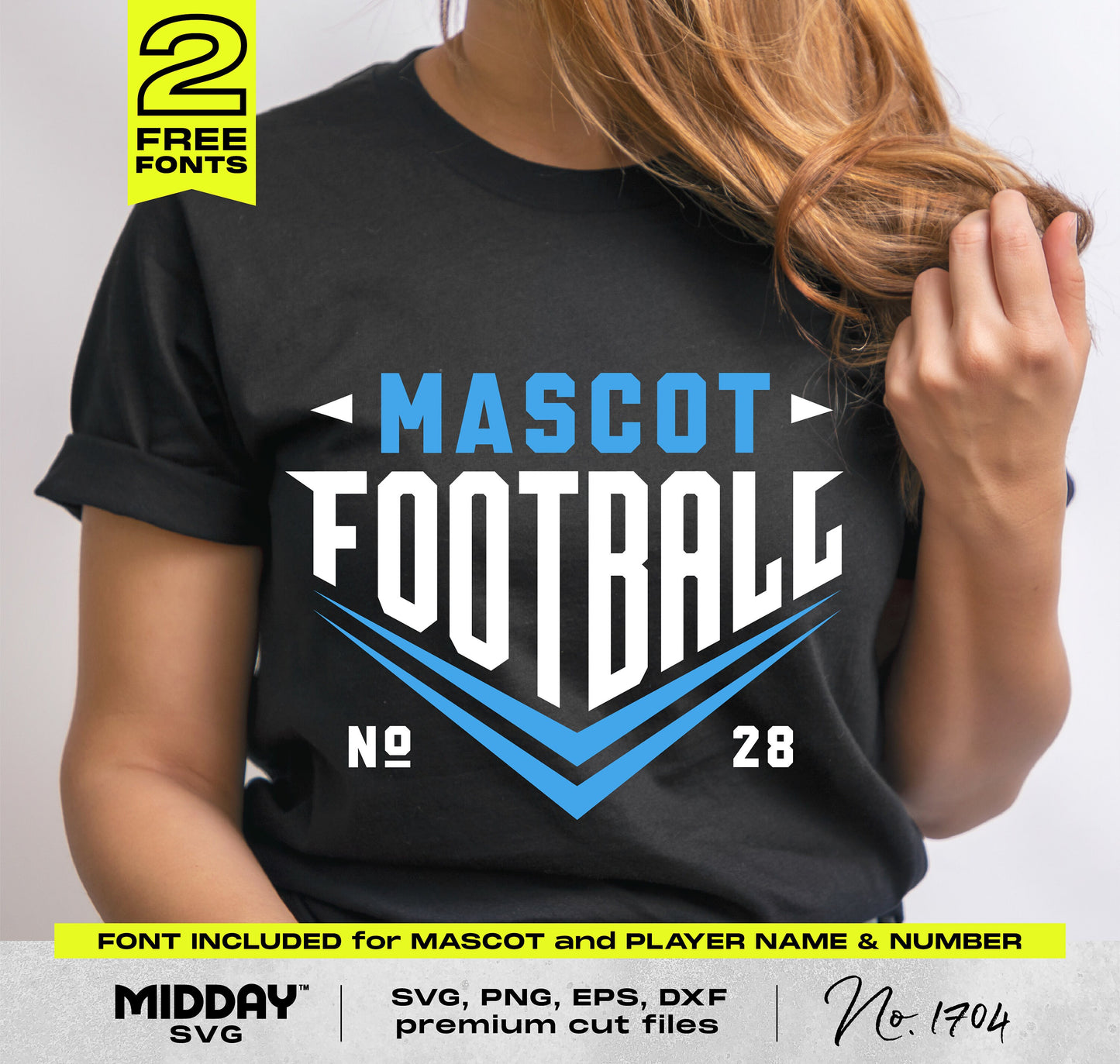 Woman wearing black t-shirt with a blue and white 'Mascot Football' design, featuring customizable font and number. Digital file shown.