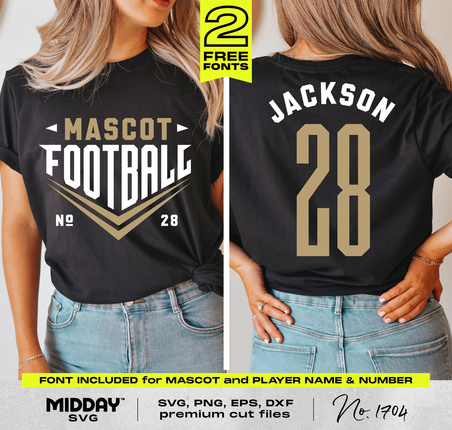 Black t-shirt with custom SVG design featuring "Mascot Football" on front and "Jackson 28" on back, showcasing sporty font style.