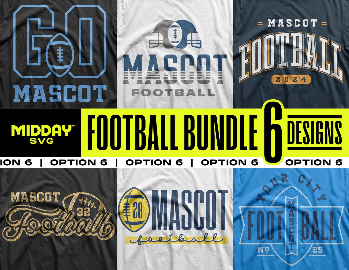Football SVG PNG Bundle V6 featuring six designs for custom team shirts and crafts.